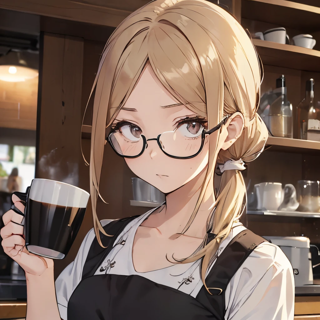 ⓪Action： Drinking coffee, (coffee mug:1.4), Holding a mug in your hand, ①Quality：(Ultra-detailed:1.3), masutepiece, 8K, extremely details CG, (1 girl), Perfect hands:1.2), (Perfect Anatomy:1.2), (Beautiful face: 1.1), The specifics of the complex iris, fascinating eye reflection, Glowing highlights of the eyes, Depth and three-dimensionality of pupils, Subtle color changes in the iris, Particular eyelash details,　Depth and three-dimensionality of pupils, ②Lighting：Brightening light, Moody lighting, Nature lighting, Best Illumination, ③ part: (flat chest: 1.4), Floating hair, Detailed face, Detailed eyes, Shiny hair, ④Style: Animation, Illustration, ⑤Subject： (Low Ponytail hair:1.3), (Blonde hair, Straight hair, Long hair,Hair in the middle, Black eyes, Sanpaku eyes ), ⑥Environment： cafes,kitchin,a bar counter , ⑦Construction：Upper body, (closeup view: 1.3), Looking at Viewer, Very Wide Shot, From below, ⑧Costume : (Cafe Apron: 1.3), (Glasses:1.5), ⑨Others：(Slender body、small head、Seven-headed body), Wear an apron over a T-shirt,