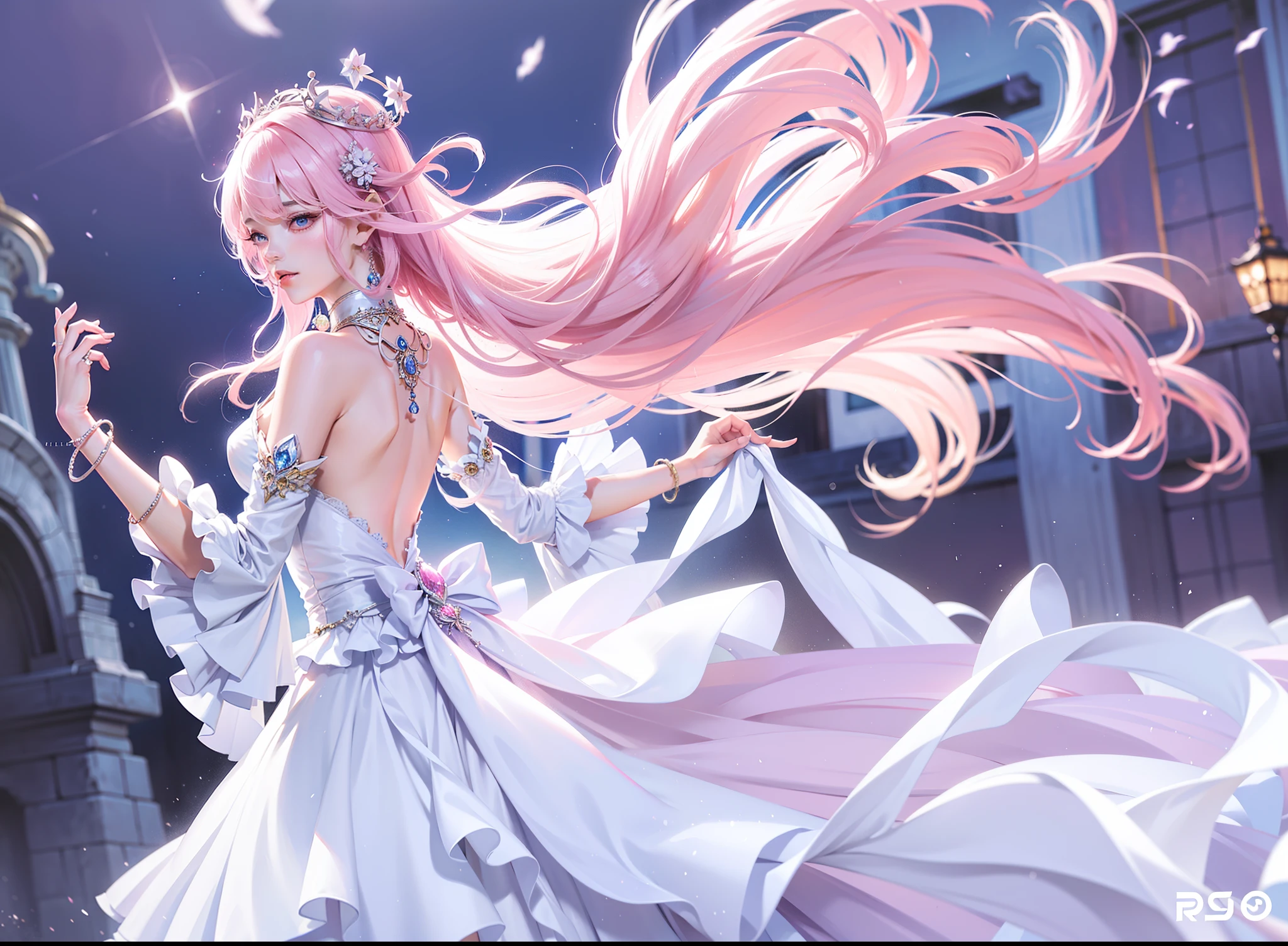 wears a white dress、one with pink hair、Anime girl wearing a crown, Beautiful fantasy anime, ethereal anime, Ethereal fantasy, Japanese anime fantasy illustration, ethereal fairytale, Astral Fairy, Anime fantasy artwork, ((beautiful fantasy empress)), Beautiful celestial mage, fantasy art style, EtherealBeauty, Popular topics on cgstation, of ethereal fantasy, beautiful anime style, ethereal essence, beautiful anime art