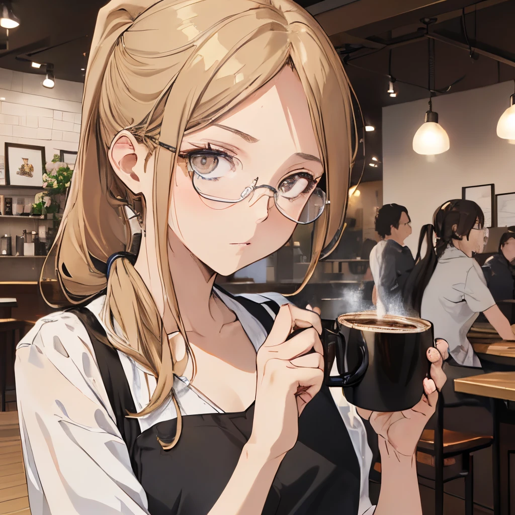 ⓪Action： Drinking coffee, (coffee mug:1.4), Holding a mug in your hand, ①Quality：(Ultra-detailed:1.3), masutepiece, 8K, extremely details CG, (1 girl), Perfect hands:1.2), (Perfect Anatomy:1.2), (Beautiful face: 1.1), The specifics of the complex iris, fascinating eye reflection, Glowing highlights of the eyes, Depth and three-dimensionality of pupils, Subtle color changes in the iris, Particular eyelash details,　Depth and three-dimensionality of pupils, ②Lighting：Brightening light, Moody lighting, Nature lighting, Best Illumination, ③ part: (flat chest: 1.4), Floating hair, Detailed face, Detailed eyes, Shiny hair, ④Style: Animation, Illustration, ⑤Subject： (Low Ponytail hair:1.3), (Blonde hair, Straight hair, Long hair,Hair in the middle, Black eyes, Sanpaku eyes ), ⑥Environment： cafes,kitchin,a bar counter , ⑦Construction：Upper body, (closeup view: 1.3), Looking at Viewer, Very Wide Shot, From below, ⑧Costume : (Cafe Apron: 1.3), (Glasses:1.5), ⑨Others：(Slender body、small head、Seven-headed body), Wear an apron over a T-shirt,