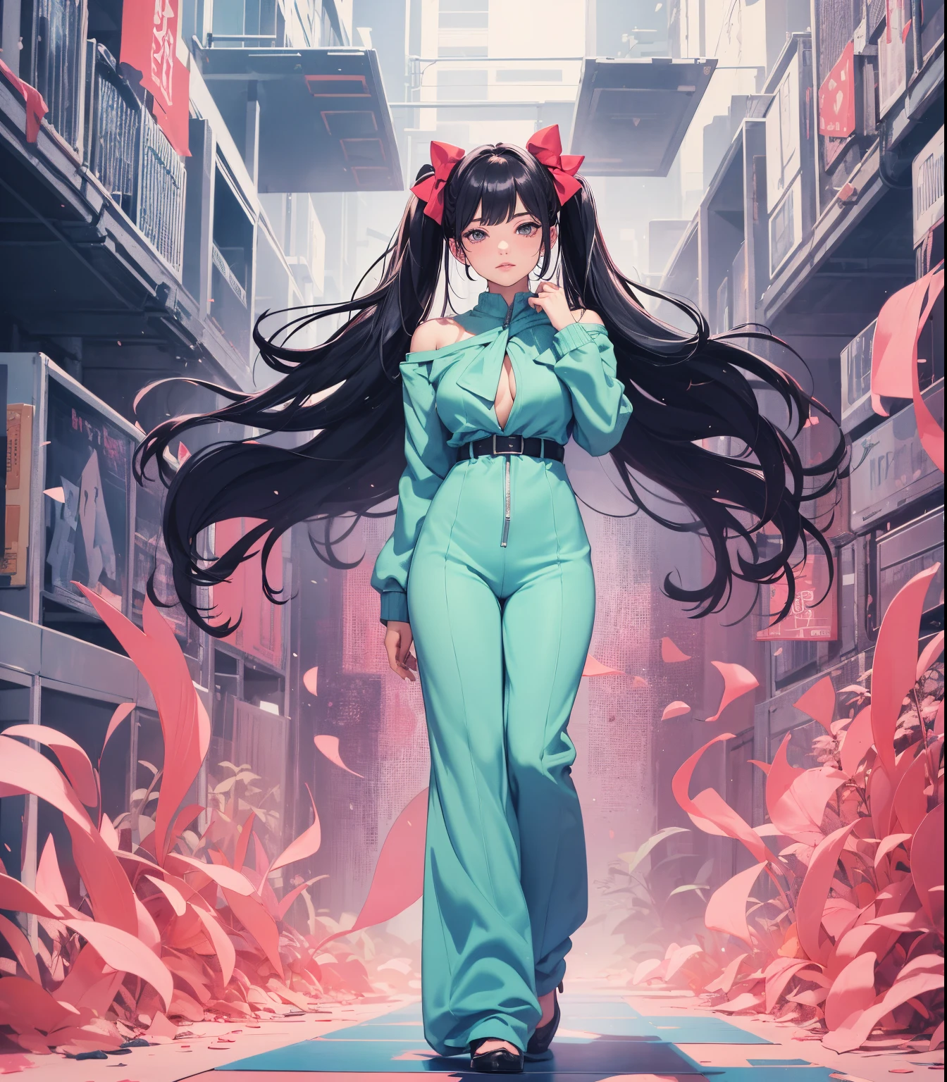 (masterpiece, best quality), beautiful woman, 23 years, soft light, blue jumpsuit, silver sequin, glitter, cleveage, long hair, long twintails, hairbows, black hair, alluring, big georgeous eyes, soft smile, perfect slim fit body, realistic background, empty apartment, standing, realistic background, bright colors, (risograph), full body shot, fullbody, medium breasts, solo, cleveage, sexy