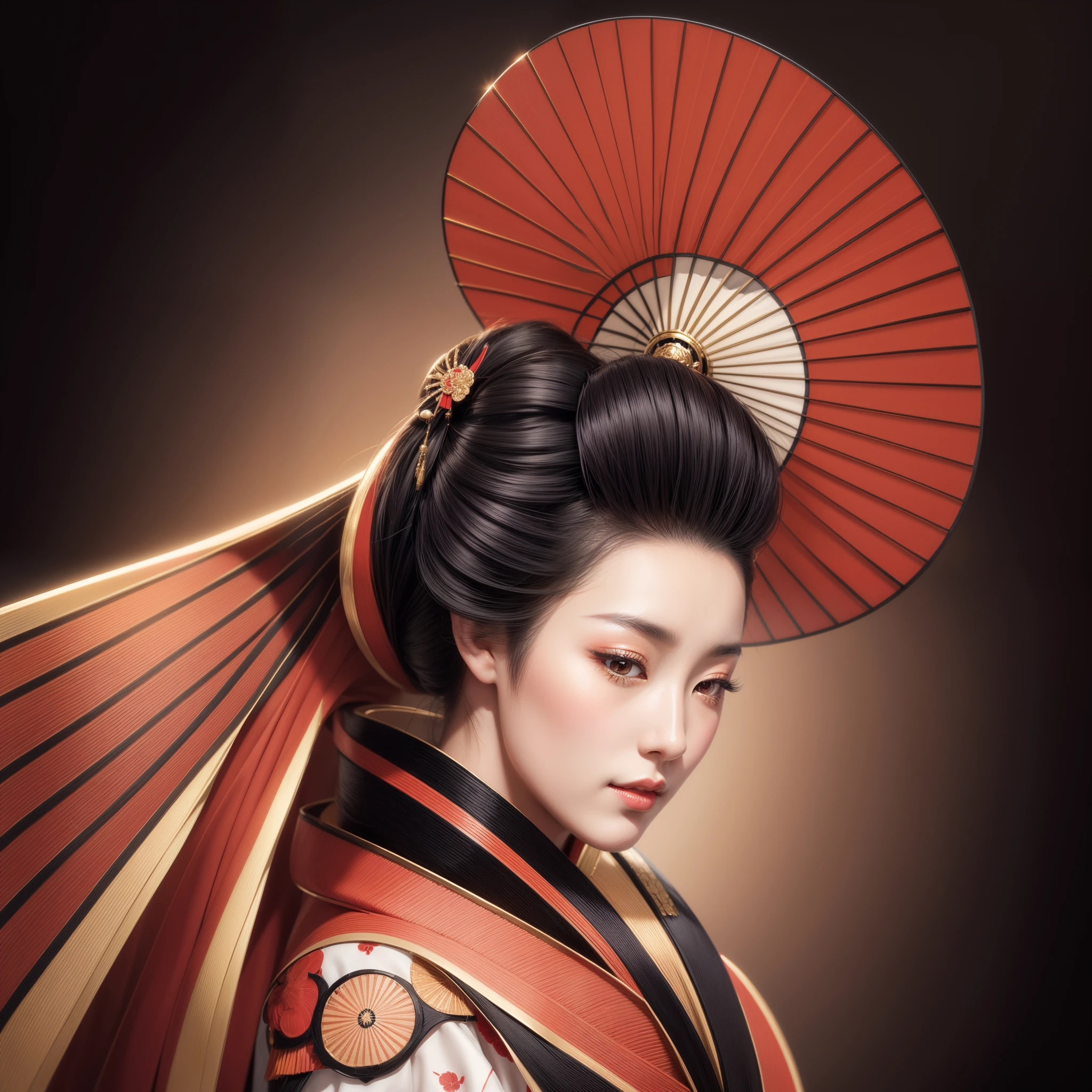 a beautiful young geisha, with full lips, beautiful eyes, silky skin, black hair, with a fan on her head, wearing a very ornate stylized kimono, Portrait of a beautiful hyperrealistic geisha, Exquisite portrait of the photorealistic geisha, Geisha of beauty, Portrait of a beautiful geisha goddess, skilled Japanese geisha, intricately detailed Japanese geisha, elegant and refined Japanese woman, hot female geisha girl, a realistic traditional Japanese masterpiece, a beautiful digital art depicting beauty.