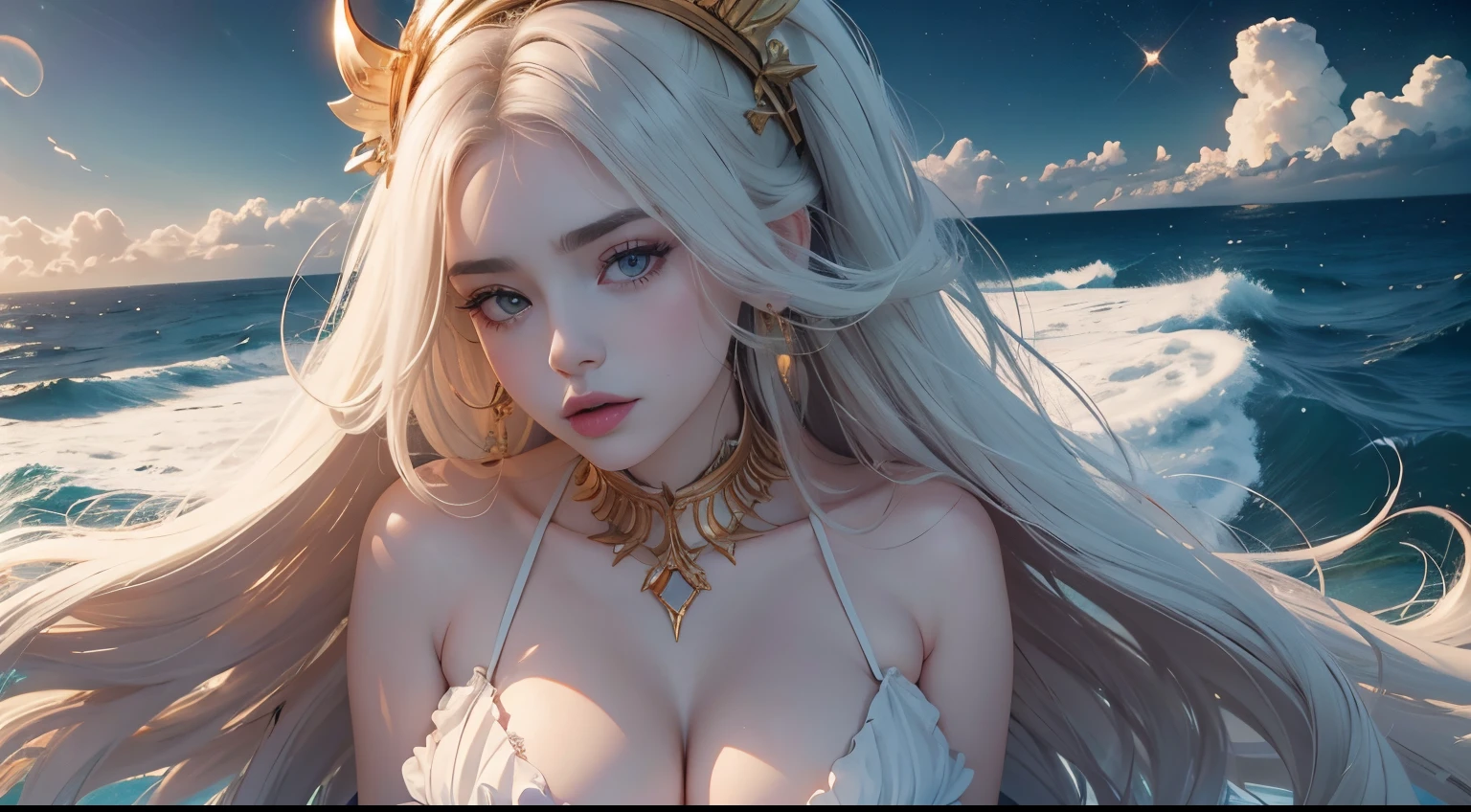 Lily Collins,Beautiful face, Caucasians, NSFW, Portrait, white hot bra, White theme, Large breasts, huge long boobs, Two-tailed hand repair sexy goddess,best qualityer,Snow-whiteskin,8K high quality,Sexy goddess,huge-breasted,A pair of big eyes are beautiful and moving,White skin,putting makeup on,Red long-haired,Volt perspective,Athenaeum Palace,curlies,long whitr hair,Sexy outfit,Volt view,Look up,gold;jewely,A sea of clouds,Flying in outer space,Behind,Ocean Earth,Space-time gate,milky ways,Above the ocean,Ride oversized whales,swell sea,Greatwave,Beautiful sunset sun,lighthouse,coda,People fly in the air,Very artistic photos 、