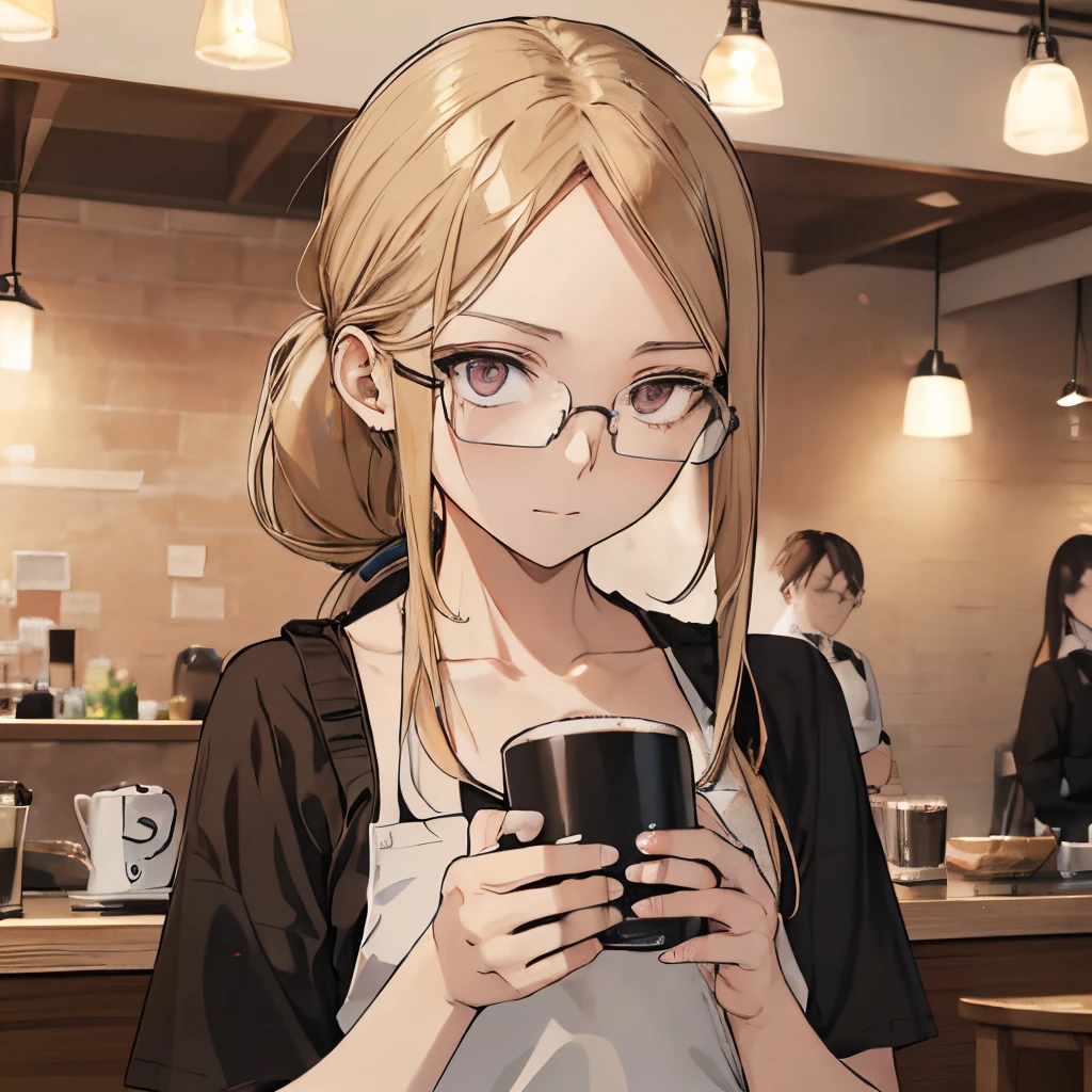 ⓪Action： Drinking coffee, (coffee mug:1.4), Holding a mug in your hand, ①Quality：(Ultra-detailed:1.3), masutepiece, 8K, extremely details CG, (1 girl), Perfect hands:1.2), (Perfect Anatomy:1.2), (Beautiful face: 1.1), The specifics of the complex iris, fascinating eye reflection, Glowing highlights of the eyes, Depth and three-dimensionality of pupils, Subtle color changes in the iris, Particular eyelash details,　Depth and three-dimensionality of pupils, ②Lighting：Brightening light, Moody lighting, Nature lighting, Best Illumination, ③ part: (flat chest: 1.4), Floating hair, Detailed face, Detailed eyes, Shiny hair, ④Style: Animation, Illustration, ⑤Subject： (Low Ponytail hair:1.3), (Blonde hair, Straight hair, Long hair,Hair in the middle, Black eyes, Sanpaku eyes ), ⑥Environment： cafes,kitchin,a bar counter , ⑦Construction：Upper body, (closeup view: 1.3), Looking at Viewer, Very Wide Shot, From below, ⑧Costume : (Cafe Apron: 1.3), (Glasses:1.5), ⑨Others：(Slender body、small head、Seven-headed body), Wear an apron over a T-shirt,