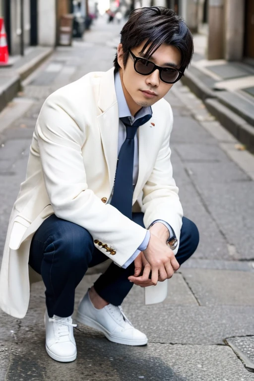 Handsome Japanese man wearing a suitJapanese man2a person,squatting down,white shoe,Wearing glasses