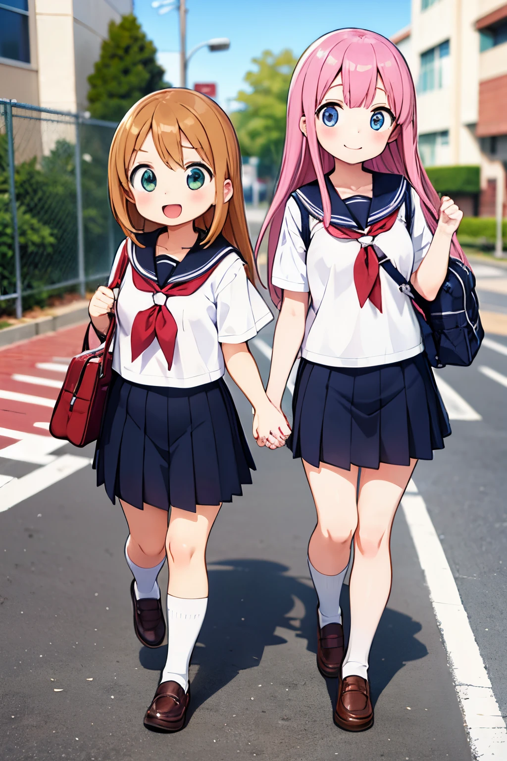 masutepiece, Best Quality, Extremely detailed, Anime,2 girls,smile,:d,serafuku,sprinting,school bag,School zone,holding hands