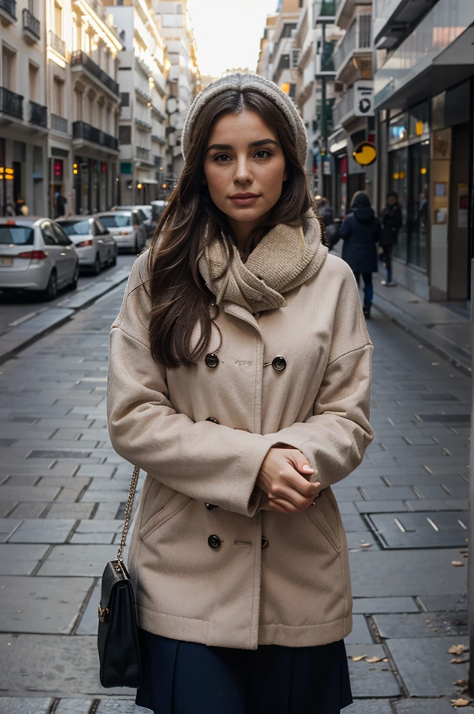 pretty woman in Madrid, wearing winter clothing