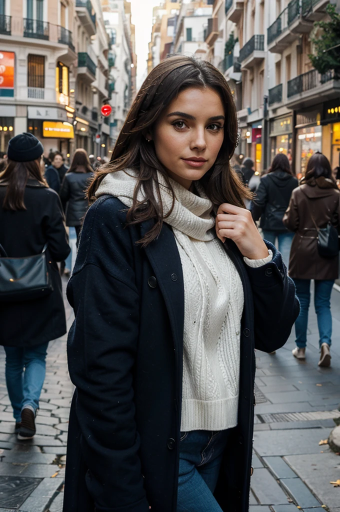 pretty woman in Madrid, wearing winter clothing