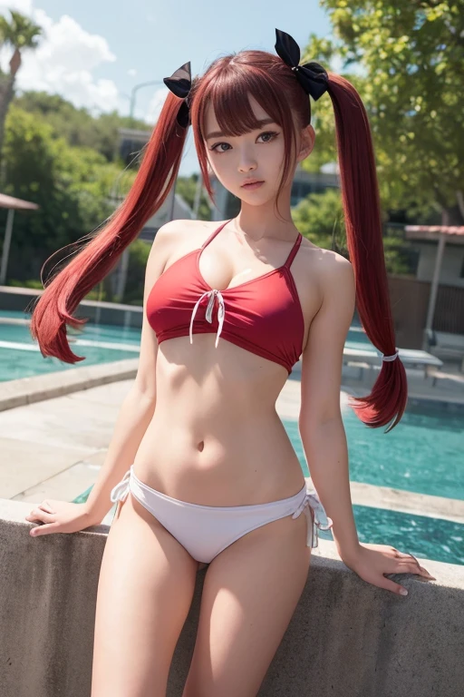 NSFW、(((in poolside、skinny、Small butt)))、the perfect body、1人、独奏、Micro Ultra High Leg、Black Ultra Micro Slingshot 、masterpiece、top-quality、realisitic、Hyper-detailing、(Glossy skin)、absurderes、((Looking at the camera))、A dark-haired、Brown-eyed、A slender、动态照明、hight resolution、foco nítido、depth of fields、A detailed eye、big eye、long eyeslashes、Realistic eyes、(Medium Boob:1.6)、(skinny thigh:1.2)、Open both legs、Clear facial skin、(Blushing)、
