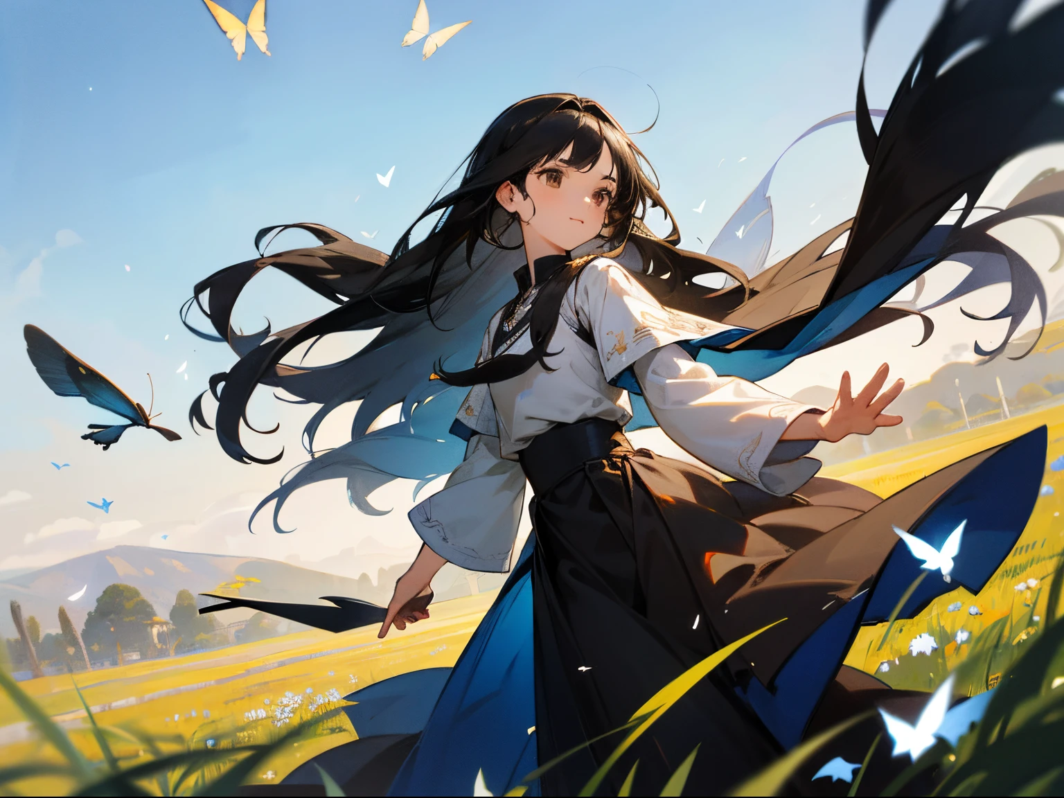 high detal，hyper-detailing，Super high resolution light brown eyes，Girl with long black hair enjoys time in open field，Wearing ancient blue and black clothes，surrounded by nature's beauty，warm sun sprinkling on her，white flowers gently swaying in the breeze。Butterflies and birds dance around her，Add a playful atmosphere，Black-haired boy looking from a distance， --v6