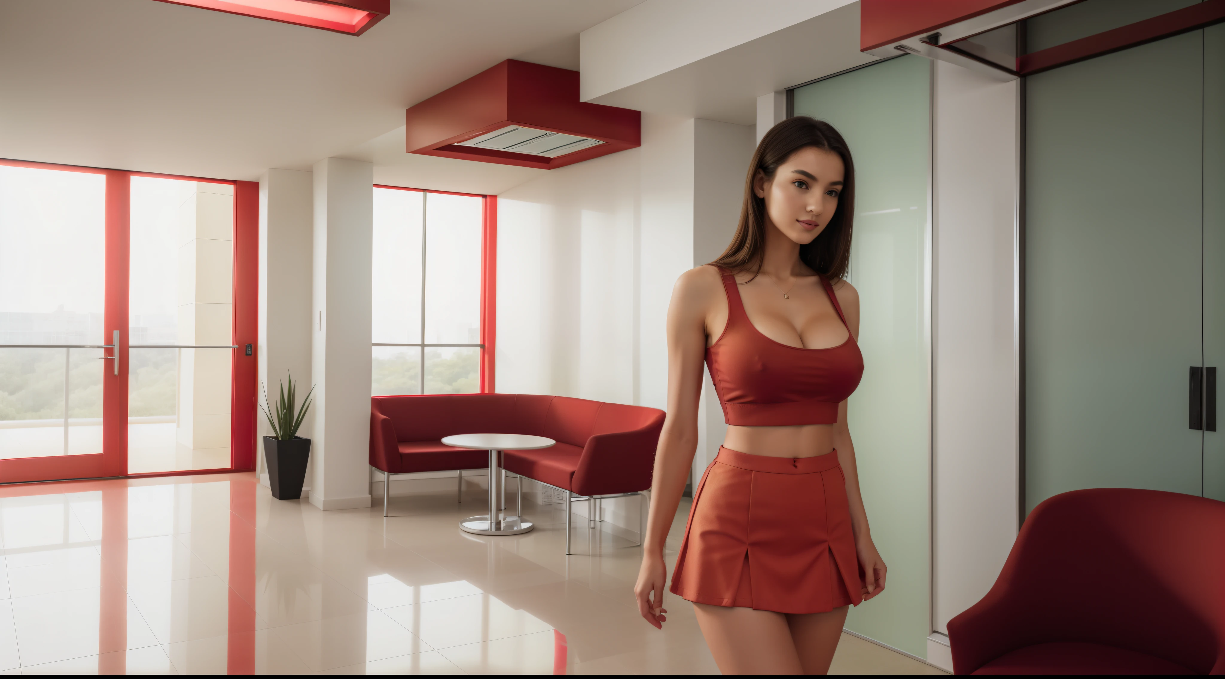 (((a girl alone:1.4))) in campus corridor, ((full-body, cinematic-shot)),(best quality,4k,8k,highres,masterpiece:1.2),ultra-detailed,(realistic,photorealistic,photo-realistic:1.37),(beautiful and aesthetic:1.2),vibrant colors,(film grain:1.3).

[(((1girl))),(((solo))),(18-year-old),[Clotilde Fatimah Carmelita],(sharp focus:1.5),pearl skin,(skin pores:1.1),extremely detailed face and skin texture,(skin texture:1.1),black hair,tall and slender body,(192cm tall),thin and delicate figure,graceful posture,flawless skin,defined abs,perfect curves,feminine appearance,beautiful long legs,embodying elegance and beauty,(cleavage breasts,large breasts:1.6),((wearing a (red:1.4) crop-top and (red:1.4) ultra-short miniskirt:1.4)),extremely detailed and realistic (red) clothes].

[a modern campus corridor,modern architecture,spacious and filled with natural light,tall glass windows,concrete walls and floors,sleek and minimalistic design,large open space with high ceilings,modern lighting fixtures,hanging plants and greenery,carrying backpacks and books,floor-to-ceiling whiteboards with colorful markers,colorful posters and artwork on the walls,modern furniture and seating areas,comfortable lounge chairs and sofas,large digital screens displaying campus news and events,artificial intelligence-powered information kiosks,modern art installations and sculptures,ambient background music creating a lively atmosphere,vibrant and energetic vibe,wide and well-maintained pathways,plenty of natural ventilation and air conditioning,accessible for people with disabilities,secure and safe environment,stunning views of the campus grounds and surrounding landscape,green and sustainable features such as solar panels and rainwater harvesting systems,lively and dynamic atmosphere,high-tech security systems to ensure safety and security on campus.]

Angelic ethereal beauty,bokeh,studio photography,professional photography.