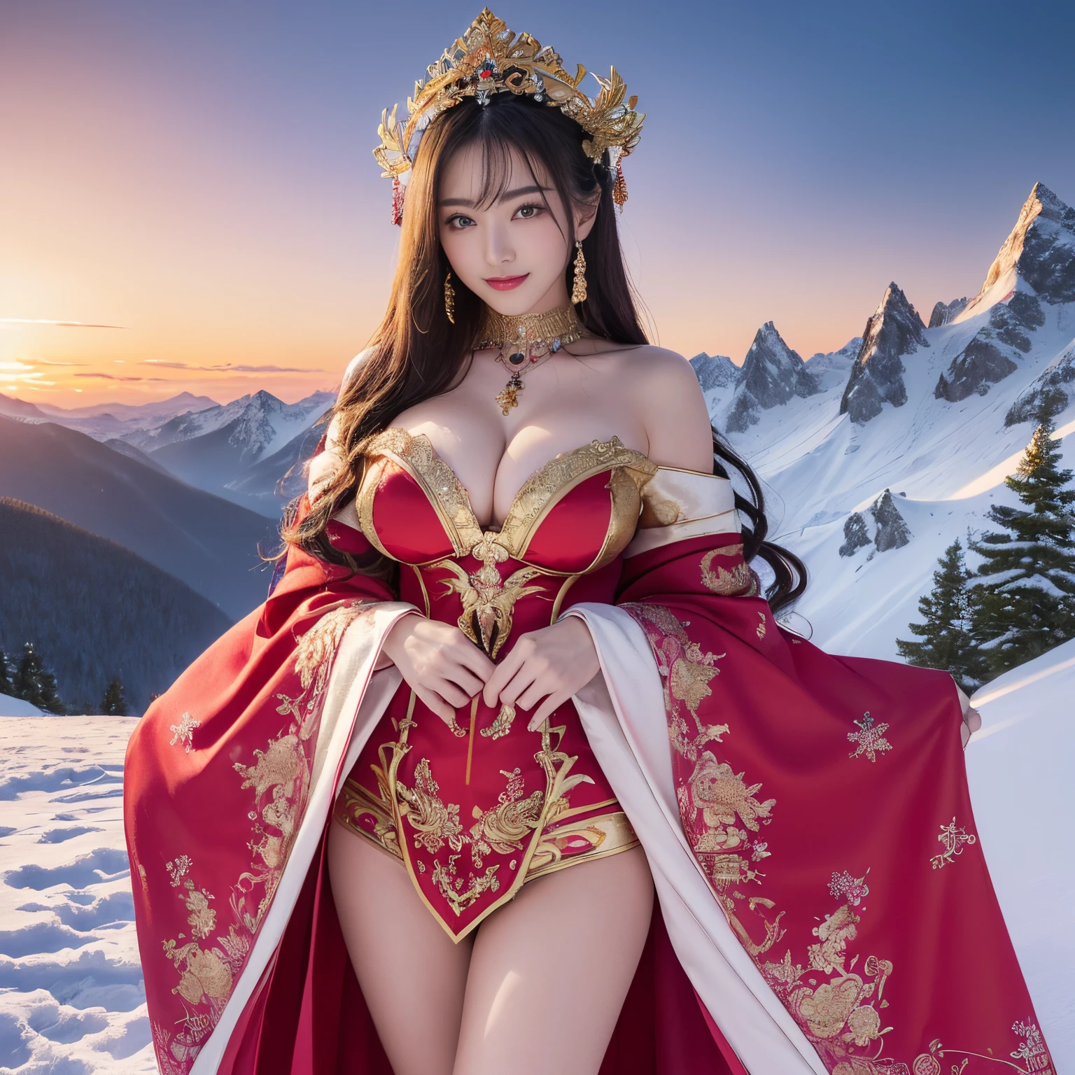 ((masutepiece、top-quality、Top image quality、in 8K、Award-Winning Works))、One Goddess、(The most gorgeous and extravagant goddess gigantic costume:1.3)、(Goddess's finest pink and red costume:1.3)、(The most luxurious pink and red long-sleeved kimono:1.1)、(Upper body photo:1.1)、accurate anatomy、the biggest smile when you look at me、(cleavage of the breast:1.2)、(Expose your shoulders:1.1)、(expose beautiful legs:1.1)、(standing elegantly:1.1)、the most intricate and luxurious decoration、large amount of jewelry decoration、(it's snowing heavily:1.1)、Fantastic snow、The most complex and detailed background、(The background is a vast snowy mountain:1.2)、(Vast view from the snowy mountain:1.1)、Fantastic snowscape、(A fantastic and vivid sunset:1.4)