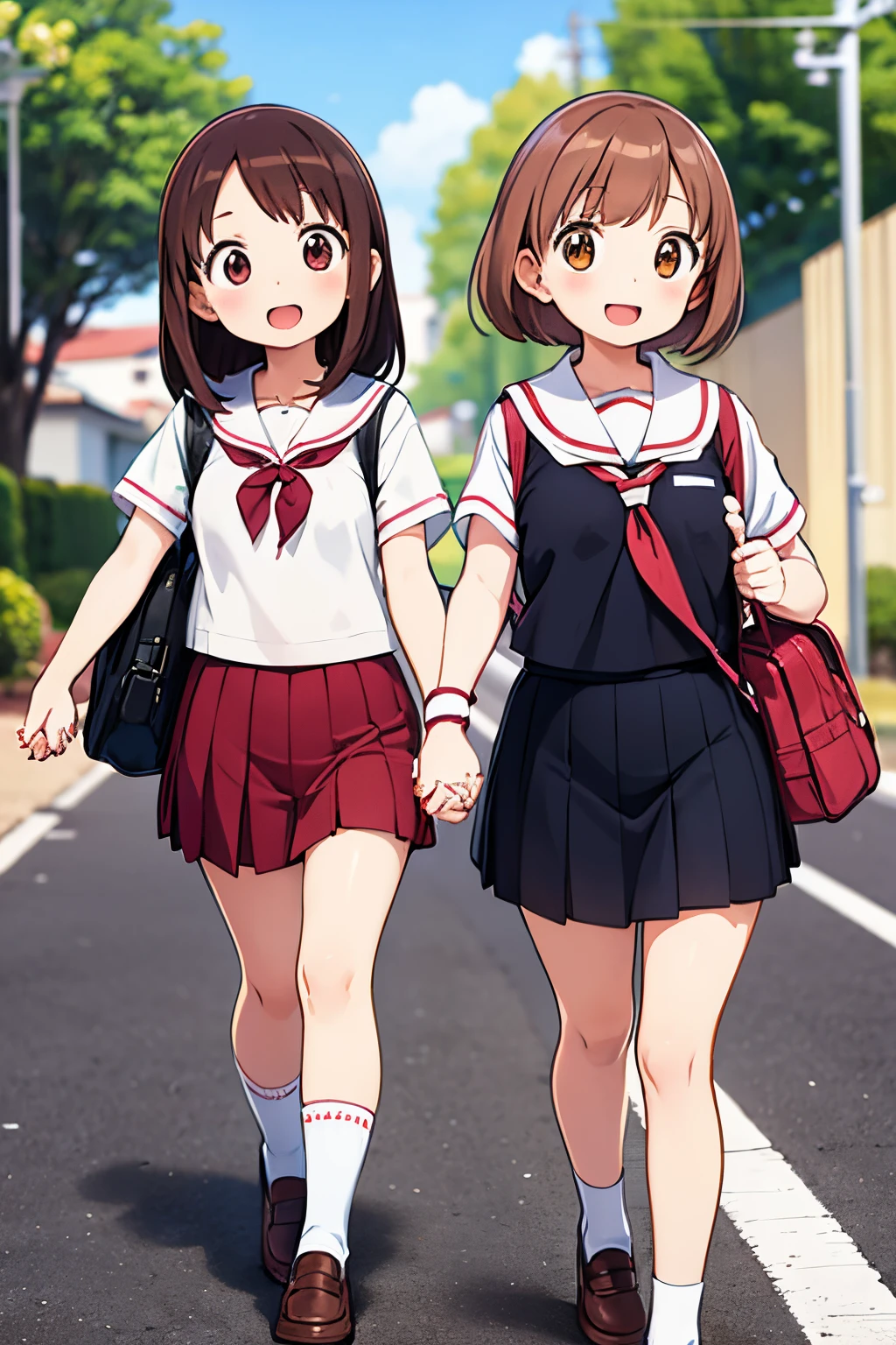 masutepiece, Best Quality, Extremely detailed, Anime,2 girls,brown hair,smile,:d,serafuku,sprinting,school bag,School zone,holding hands