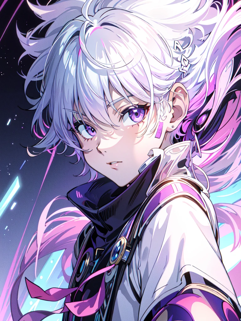 ((masterpiece)),((best quality)),((ultra-detailed)),((high resolution)),((extremely detailed CG)),((unity 8k wallpaper)), there is a poster of a anime character with white hair and purple streaks with colorful spots, 1boy, male focus, solo, white hair, looking at viewer,GlowingRunes_purple