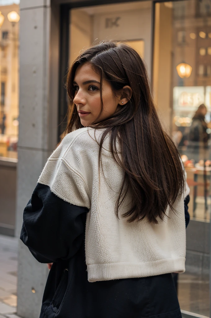 pretty woman in Madrid, wearing winter clothing, distant shot
