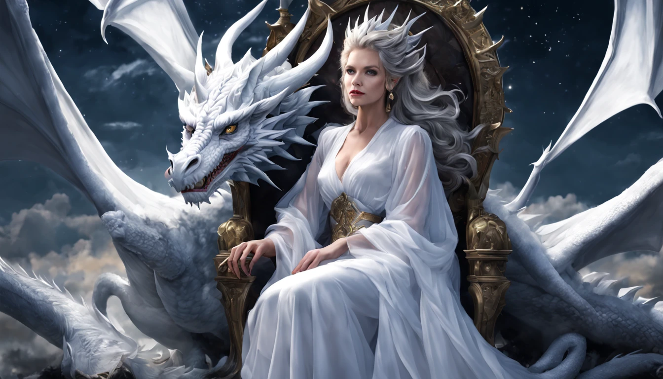 Queen of the White Dragon, young mature woman, "Michelle Pfeiffer ", long elf ears, black elegant dress, large breast, Curvy, dragon ling vawy hair, Super Long Hair, soft facial features, White dragon horns on his head, majestic woman, silver decoration on your black dress, Silver Star Queen, large blue eyes, cherry lips, White dragons, Starry sky
