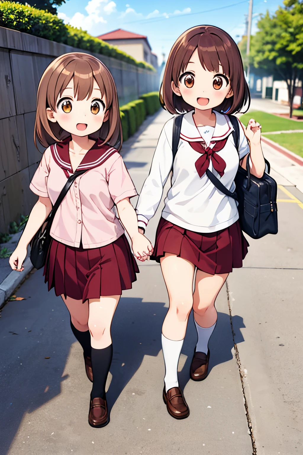 masterpiece, High resolution, Twin sisters, Brown Hair, Hair Clio, Medium Hair, ponytail, sad, blue eyes, wearing red Backpack, (Backpack:1.1), , No pants, (Shaved pussy:1.2), Are standing, Outdoor ,pussy,Completely naked,naked,Gym suit,toddler,White T-shirt with red collar