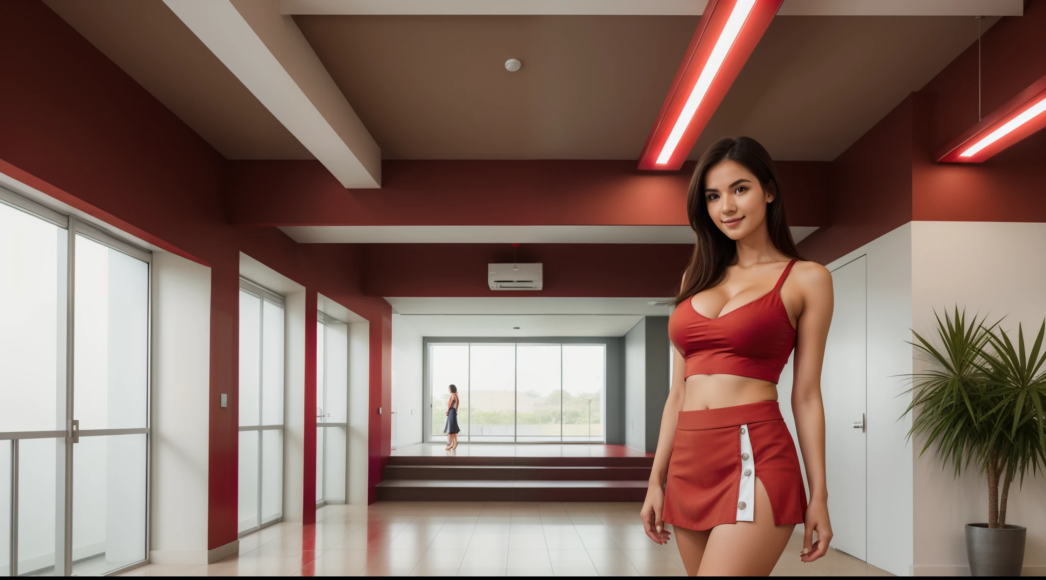 (((a girl alone:1.4))) in campus corridor, ((full-body, cinematic-shot)),(best quality,4k,8k,highres,masterpiece:1.2),ultra-detailed,(realistic,photorealistic,photo-realistic:1.37),(beautiful and aesthetic:1.2),vibrant colors,(film grain:1.3).

[(((1girl))),(((solo))),(18-year-old),[Clotilde Fatimah Carmelita],(sharp focus:1.5),pearl skin,(skin pores:1.1),extremely detailed face and skin texture,(skin texture:1.1),black hair,tall and slender body,(192cm tall),thin and delicate figure,graceful posture,flawless skin,defined abs,perfect curves,feminine appearance,beautiful long legs,embodying elegance and beauty,(cleavage breasts,large breasts:1.6),((wearing a (red:1.4) crop-top and (red:1.4) ultra-short miniskirt:1.4)),extremely detailed and realistic (red) clothes],full smile.

[a modern campus corridor,modern architecture,spacious and filled with natural light,tall glass windows,concrete walls and floors,sleek and minimalistic design,large open space with high ceilings,modern lighting fixtures,hanging plants and greenery,carrying backpacks and books,floor-to-ceiling whiteboards with colorful markers,colorful posters and artwork on the walls,modern furniture and seating areas,comfortable lounge chairs and sofas,large digital screens displaying campus news and events,artificial intelligence-powered information kiosks,modern art installations and sculptures,ambient background music creating a lively atmosphere,vibrant and energetic vibe,wide and well-maintained pathways,plenty of natural ventilation and air conditioning,accessible for people with disabilities,secure and safe environment,stunning views of the campus grounds and surrounding landscape,green and sustainable features such as solar panels and rainwater harvesting systems,lively and dynamic atmosphere,high-tech security systems to ensure safety and security on campus.]

Angelic ethereal beauty,bokeh,studio photography,professional photography.