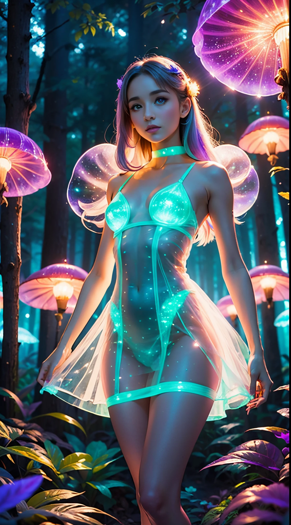 (La mejor calidad, Ultra detallado, 16k, colores brillantes, Bokeh) the body is made entirely of fungi Bioluminescent fungi,Ariana Grande chica hongo, colores vibrantes violet, fantasy, magical creatures, esporas coloridas y vaporosas, Ethereal lighting, Brillo suave, Sombras encantadoras, supernatural show, (fondo un bosque brillante de colores:1.4),(Ojos hermosos azules:1.4), (Dedos de camello),More detailed 8K.motor irreal:1.4,UHD,La mejor calidad:1.4, fotorrealista:1.4, textura de la piel:1.4, obra maestra:1.8,obra-prima, mejor calidad,objeto Objeto], (detailed face features:1.3),((Las proporciones correctas)),convexo,(panties lingerie ),(vestido corto ta transparente plastic violeta:1.4),glowing neon forest, hongos gigantes brillantes,Fireflies flying
