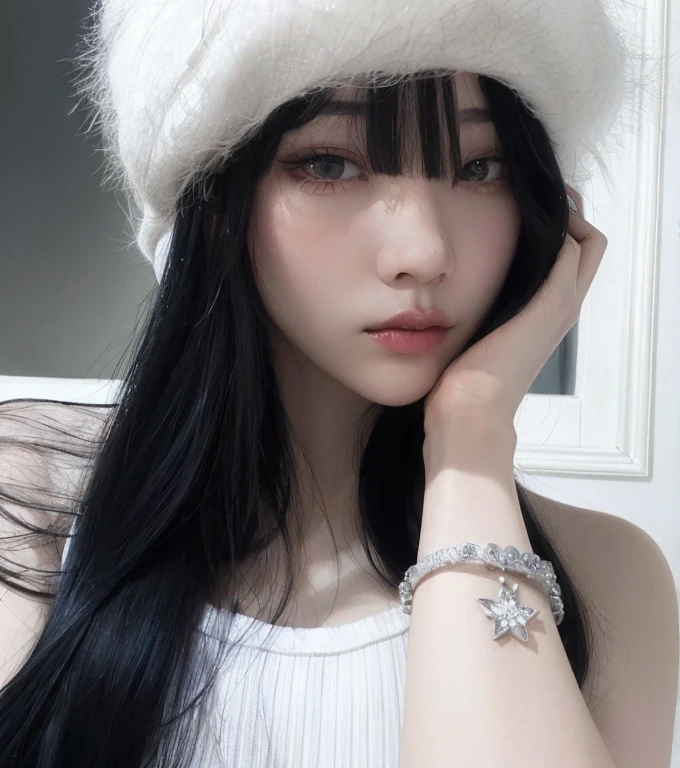 araffe woman with long black hair wearing a white hat, ulzzang, long white hair and bangs, xision wu, pale snow white skin, white bangs, jinyoung shin, whitebangsblackhair, black hair and white bangs, she has black hair with bangs, sakimichan, xintong chen, shikamimi