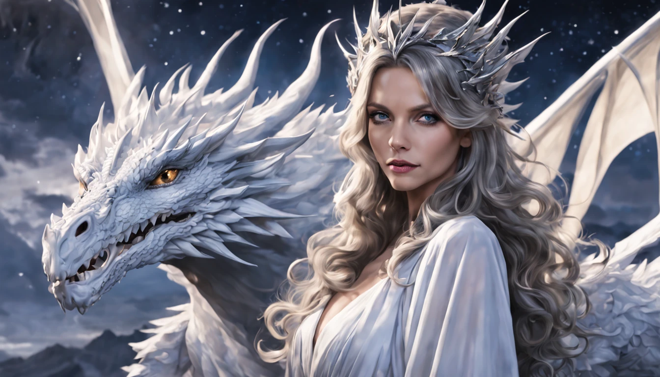 Queen of the White Dragon, mulher madura jovem, "Michelle Pfeiffer ", orelhas longas de elfos, vestido preto elegante, mama grande, Curvy, dragon ling vawy hair, Cabelos Super Longos, soft facial features, White dragon horns on his head, mulher majestosa, silver decoration on your black dress, Rainha Estrela Prateada, Grandes olhos azuis, cherry lips, White dragons, Starry sky