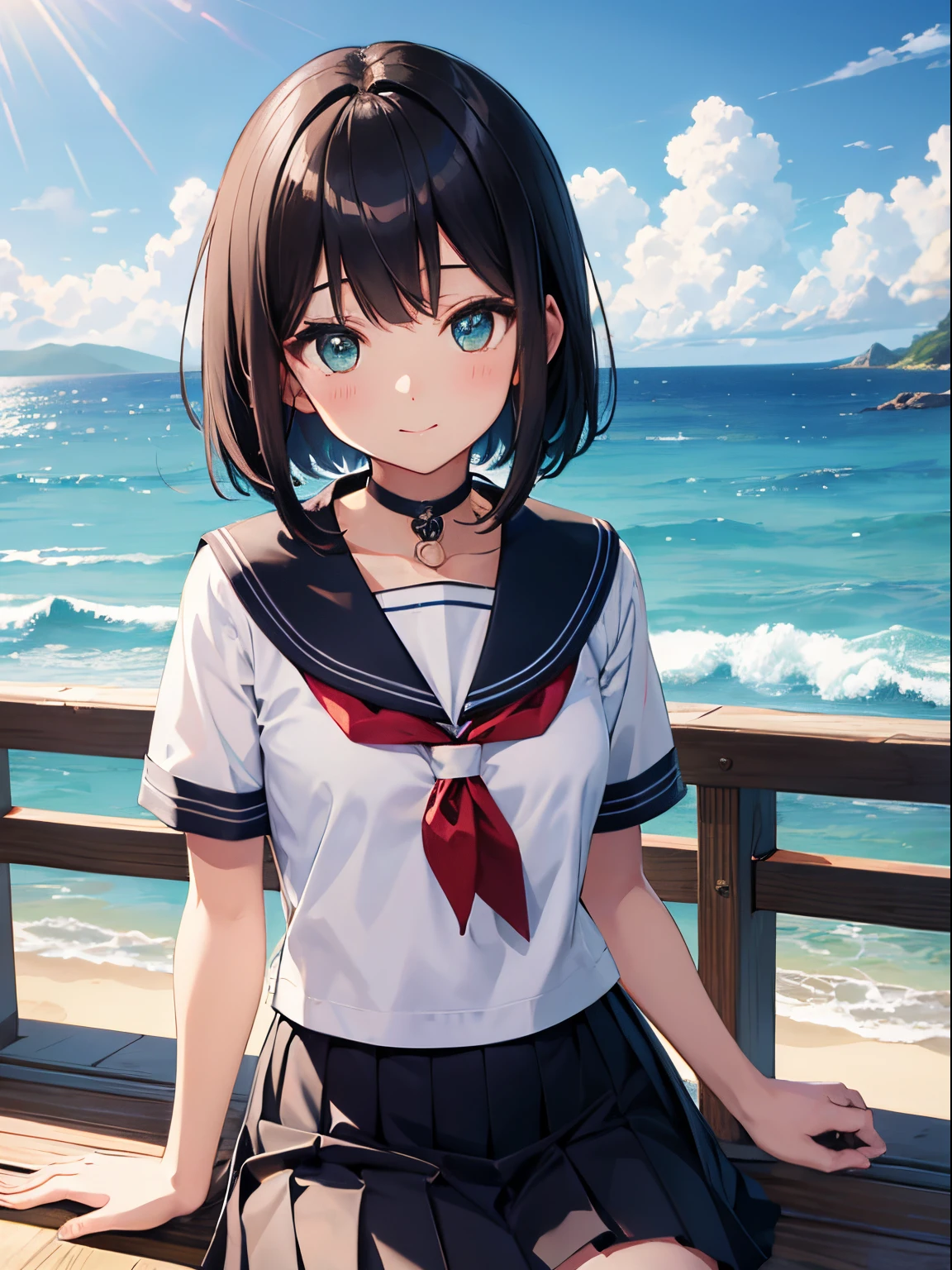 animesque、Along the coast、sea breeze、Wearing a pleated skirt, Pattsun bangs、Black hair short bob、Kawaii Girl、Green eyes、Choker around the neck、masuter piece、best qualtiy，cinmatic lighting，细致背景，beatiful detailed eyes，Bright pupils，（Very fine and beautiful），（Beautiful and detailed eyes description），ultra - detailed，tmasterpiece，）），facing at camera，hight resolution，ultra - detailed），flushed complexion，Bocchi，elementary student（Wearing：Sailor Uniform，Black socks，）High quality upper body photo、A slight smil, Vibrant colors、The upper part of the body, Delicate drawing、