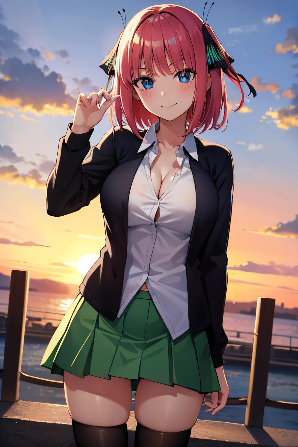 2d, masterpiece, best quality, anime, highly detailed, 1 girl, solo, cowboy shot, nakano nino, pink hair, short hair, butterfly hair ornament, blue eyes, black cardigan, white collared shirt, cleavage, green skirt, miniskirt, black loafers, white stockings, large breasts, medium waist, medium hips, wide thighs, standing, school, outdoors, smile, seductive, embarrassed, closed mouth, good lighting, sunset,