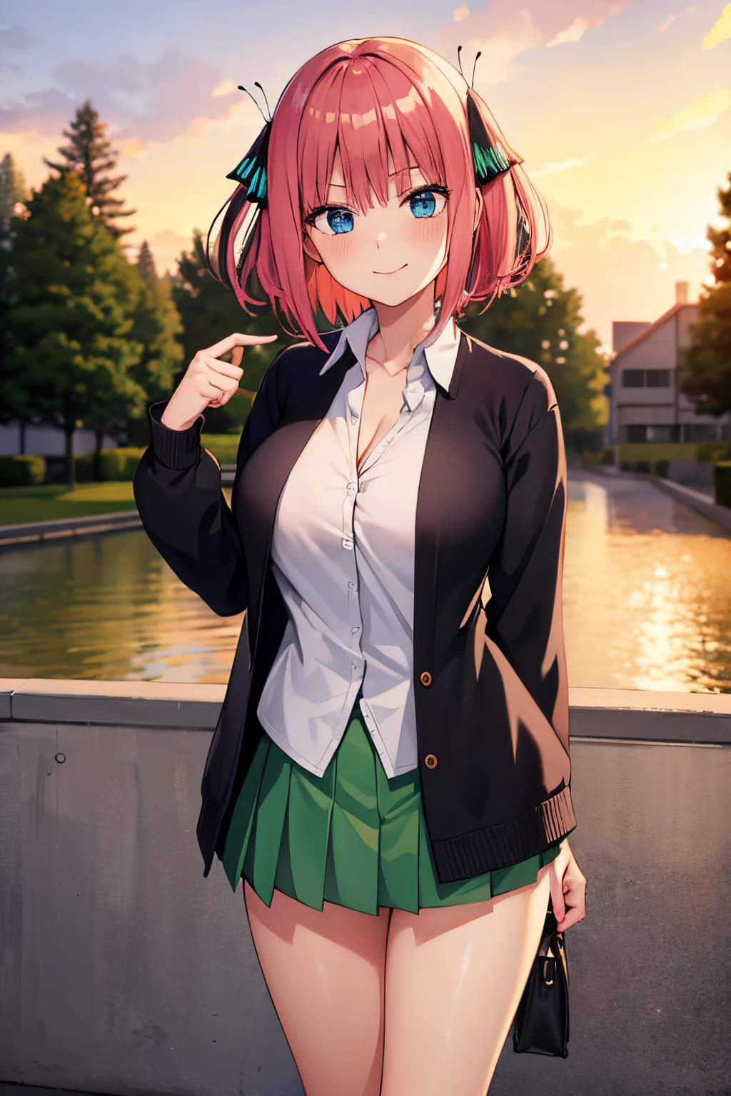 2d, masterpiece, best quality, anime, highly detailed, 1 girl, solo, cowboy shot, nakano nino, pink hair, short hair, butterfly hair ornament, blue eyes, black cardigan, white collared shirt, cleavage, green skirt, miniskirt, black loafers, white stockings, large breasts, medium waist, medium hips, wide thighs, standing, school, outdoors, smile, seductive, embarrassed, closed mouth, good lighting, sunset,