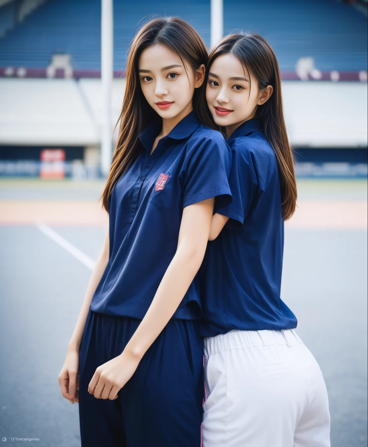 (bestquality,10,10,highres,masterpiece:1.2),ultra-detail,(Realistic,photorealistic portrait,photo-realistic:1.37),1 Cute girl in the football field,oily shiny skin,bara,light smile,BDclothes,((blue shirt:1.3)),short sleeves,shirt, trousers.,(navy_long_Pants Track:1.1), ((Stadium Background:1.3)),dynamic angle,excited,face focus,Dynamic Poses,from behide,Ass Focus,masterpiece, bestquality, ultra realistic, hyper-detail, 8k resolution, RAW photo, crisp focus, ((Navy blue shirt:1.1)), short sleeves, Long Path, Perfect body, 2 mature women, 18yo, cinematic light,Blue sweatpants,Gymware,Correct anatomy,Complete body, Correct body, sharp face, Anatomically correct body, full entire body, Realistic gestures, long-haired, Realistic poses,Wear long shorts..............................,Long leg span,Shapely,Sculpting Girl, Slender Figure, mannequin mannequins, Shapely, Beautiful body,Blue sweatpants, Two girls kissing