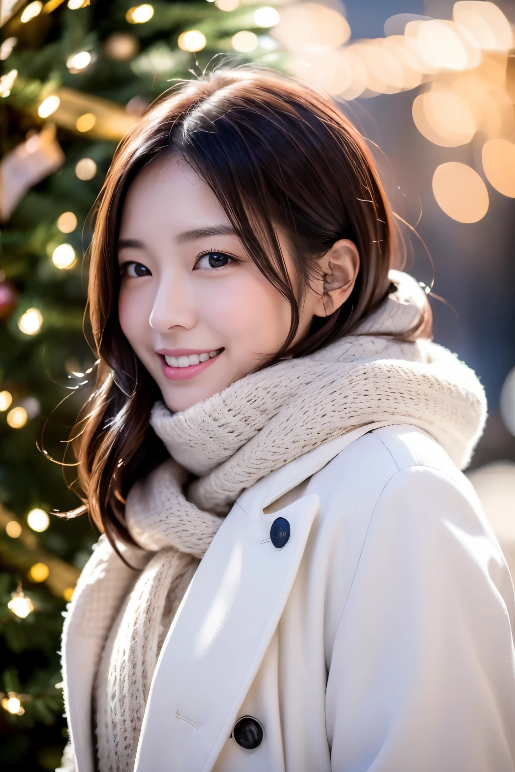 (top-quality、8K、32K、masterpiece,)Beautuful Women、Half of his face is buried in a fluffy white scarf、half of the face is hidden by the muffler、A big Christmas tree next to it、Facing to the side、looking up at the tree、profile、Shooting at a distance、full-body ,shy-smile,White coat、Beautiful night city、Big Christmas tree on background、Watching the Christmas tree、illuminations、Twinkle