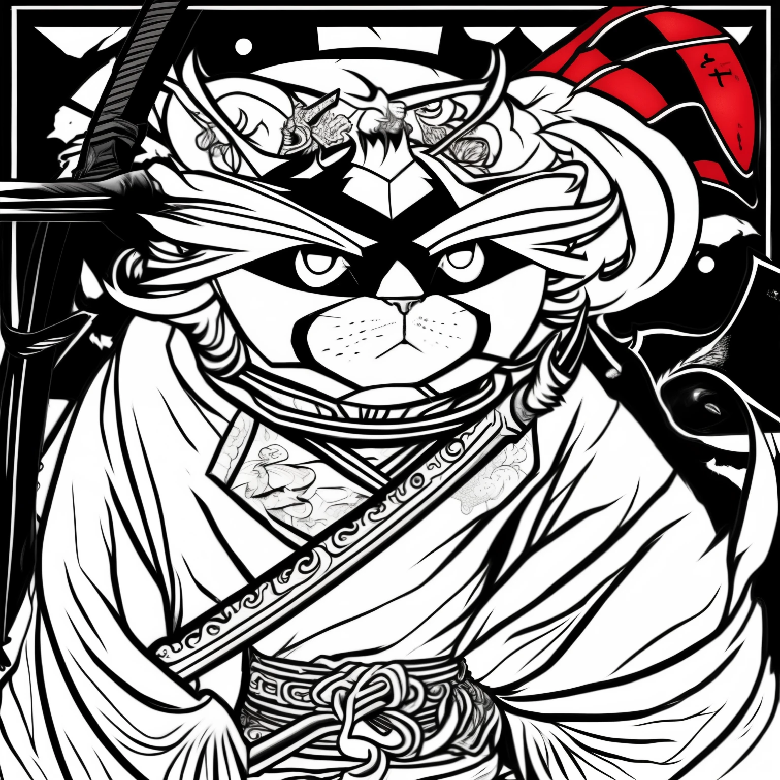 gato samurai, com uma katana, preto e branco, desenho em linhas, desenho em hachuras, detalhes em vermelho