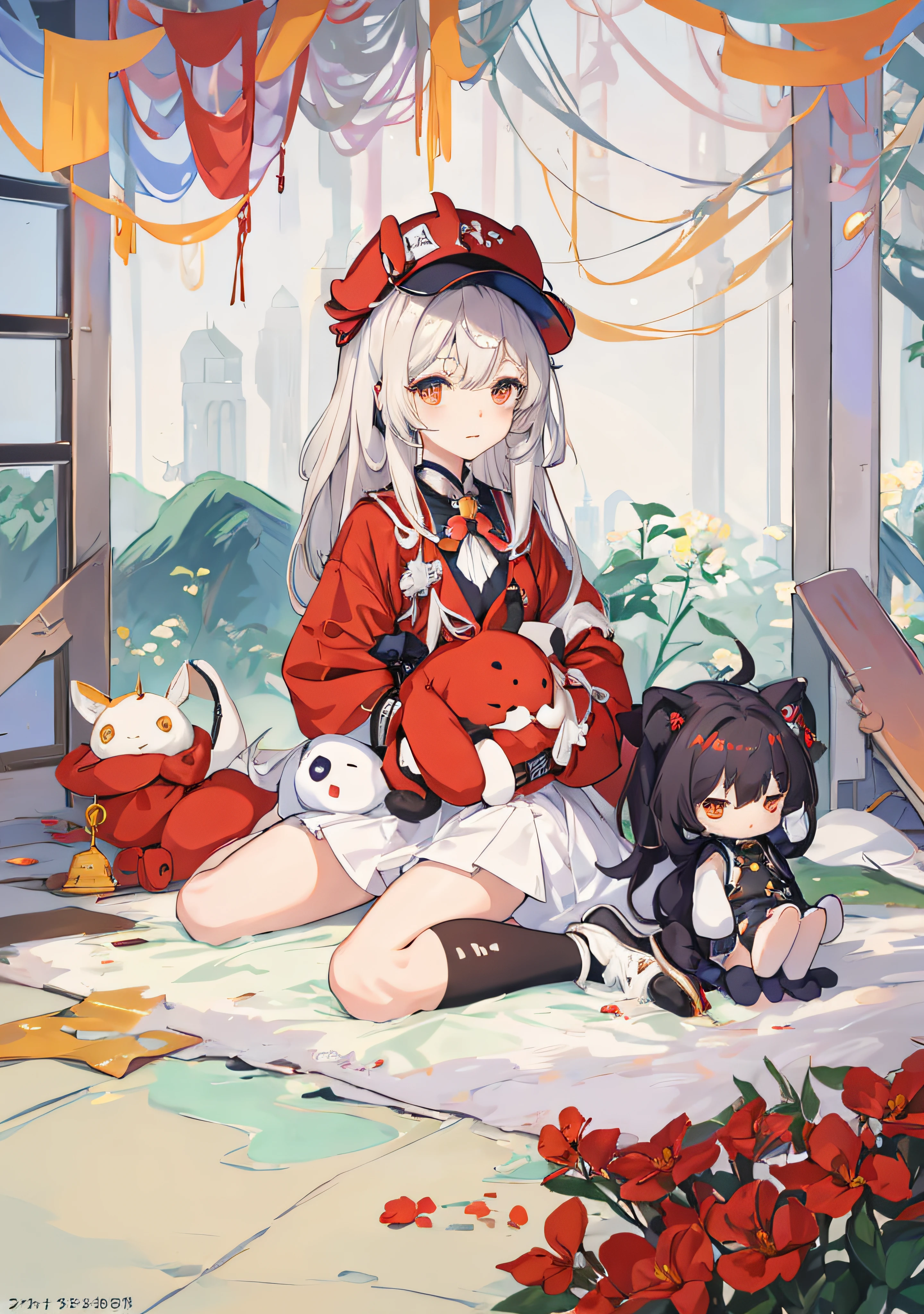Anime girl sitting on the floor,Holding a bunch of stuffed animals in hand, azur lane style, Translucent liquid comes from《first god》videogame, 《first god》人物, Kelly, change, First God, small girl,Corey