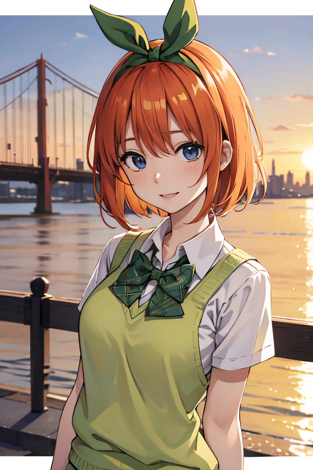 Yotsuba Nakano, nakano yotsuba, orange hair, hair bow, green bowtie, yellow sweater, seios grandes, photo corpo todo, coxas, sorriso leve, Melhor Anime 4K Konachan Wallpaper, Estilo anime 4K, Arte Oficial, arte anime de alta qualidade, 4k anime wallpapers ((obra-prima)), sala, cidade, horizonte bonito, por do sol, vendo nos cabelos