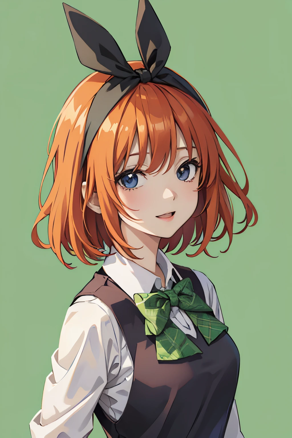 Yotsuba Nakano, nakano yotsuba, orange hair, hair bow, green bowtie, yellow sweater,  grandes, photo corpo todo, coxas, sorriso leve, Melhor Anime 4K Konachan Wallpaper, Estilo anime 4K, Arte Oficial, arte anime de alta qualidade, 4k anime wallpapers ((obra-prima)), sala, cidade, horizonte bonito, por do sol, vendo nos cabelos