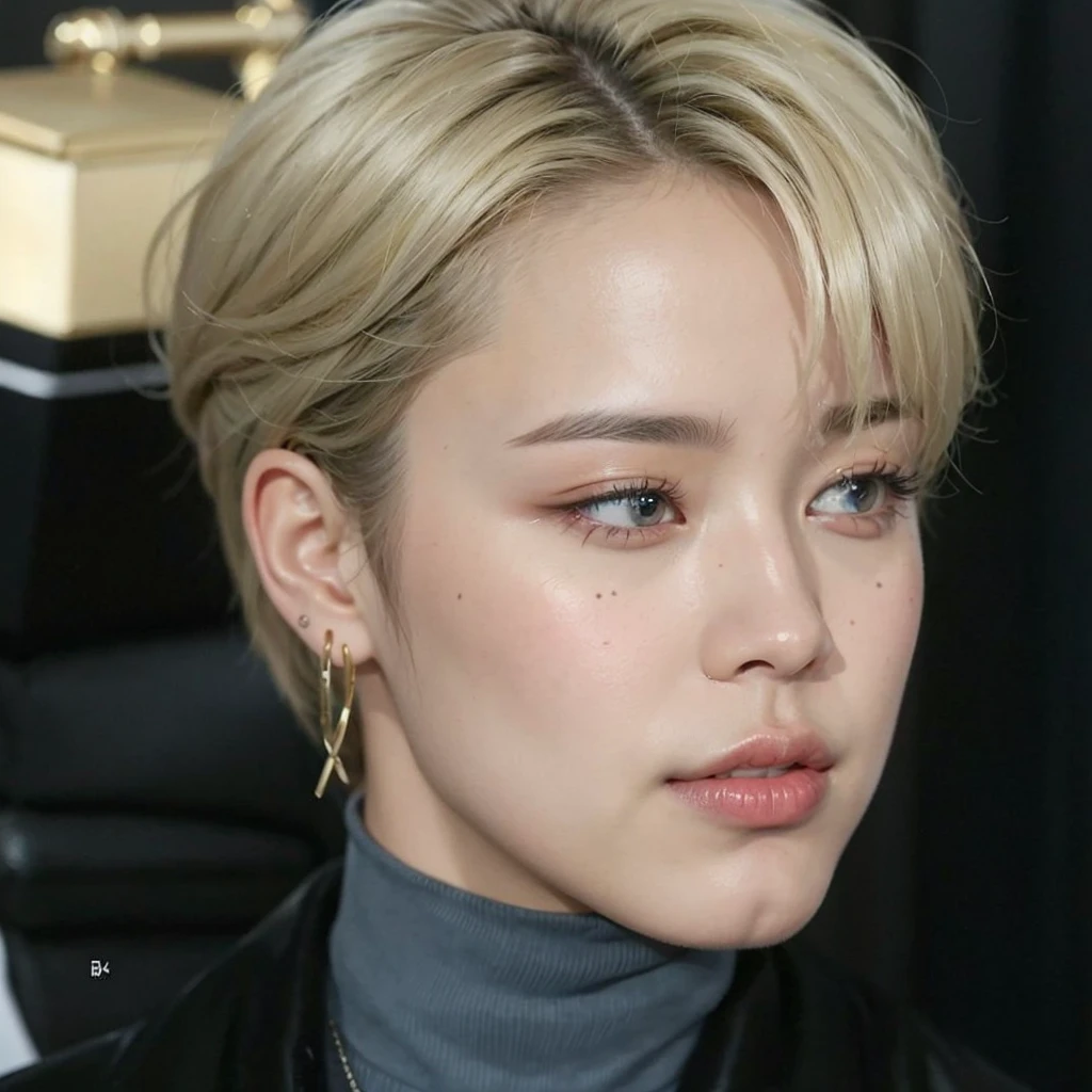 a close up of a person with a black jacket and a black jacket, jimin\'s right eyelid swollen, jimin\'s plump lips, jimin\'s grecian nose, jimin, accurate jimin face, park jimin, hyung tae, yanjun chengt, korean artist, portrait of kpop idol, bts, he has dark grey-blonde hairs, taejune kim, blue eye, clean skind, nose piercing nostril, aesthetic!!!!