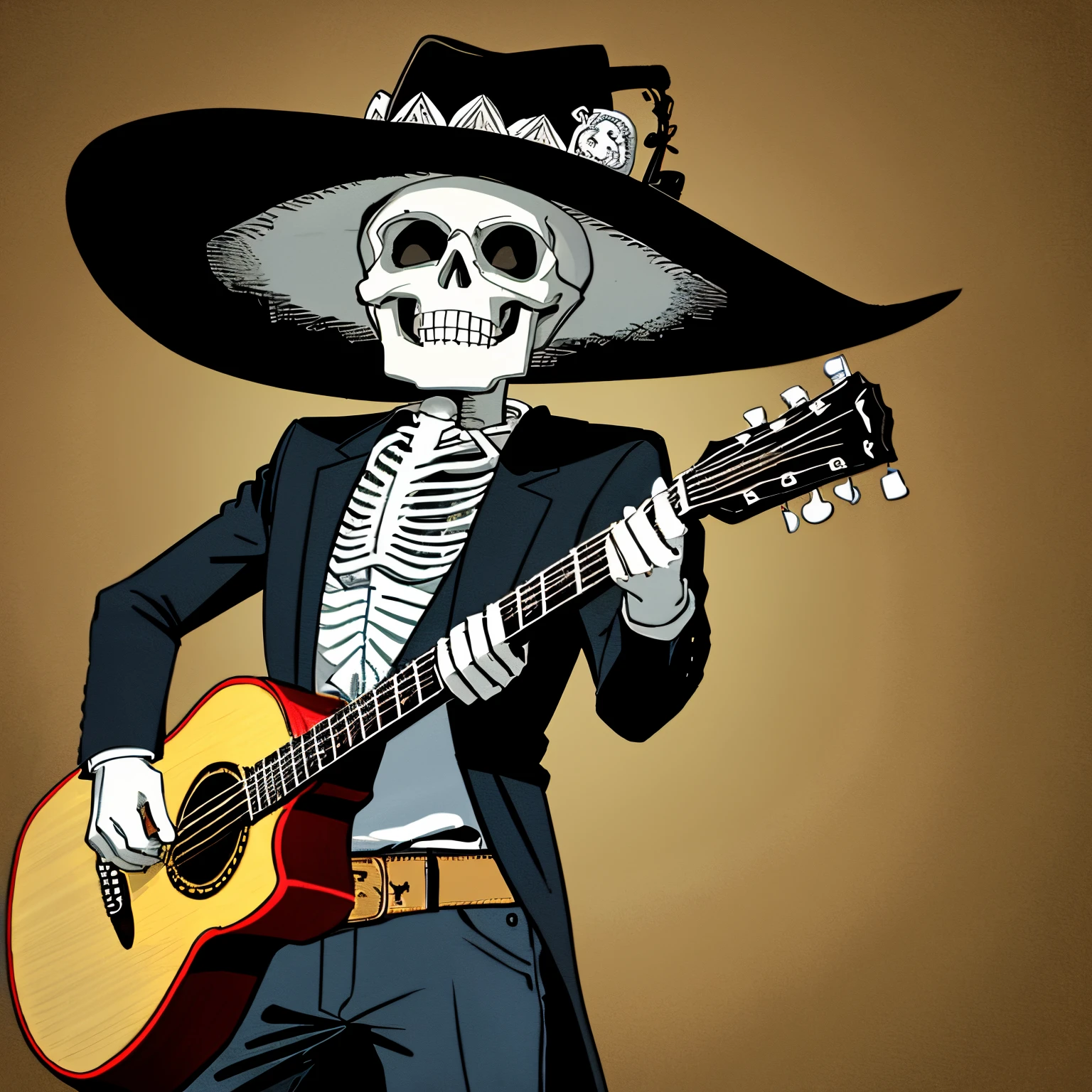 "A high quality illustration of a cowboy skeleton with a guitar and a distinctive hat, in commemoration of the Day of the Dead!"