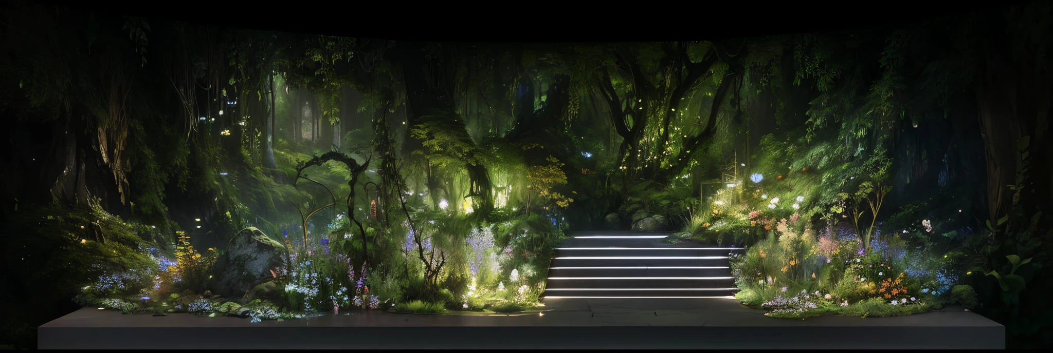 in a limited underground garden, Luminous design, dream landscape,fog atmosphere，glowworm， Hallucinogens, trippy visuals, Inspired by Larry D. Alexander, Lucid dreaming series, Original and creative landscape, inspired by Li Di, digital landscape art,  underground lake，vegetative people，Lots of greenery，small flower，optics