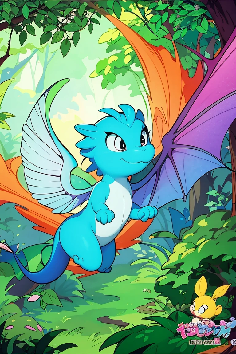 coloring page for kids, cute, little, flying dragon in enchanted forest, cartoon style, low detail, thick outlines,