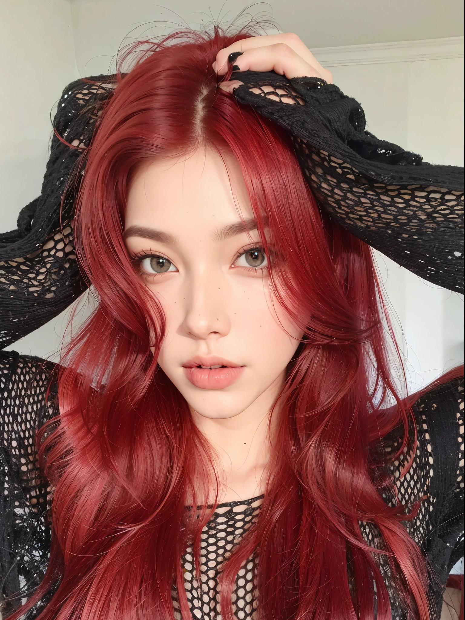 mulher arafed com cabelo vermelho e top preto posando para uma foto, cabelos tingidos de vermelho, com cabelos ruivos cacheados, com longos cabelos ruivos, com cabelos ruivos, peruca vermelha, cabelos vermelhos carmesim e olhos vermelhos, cabelos ruivos brilhantes, cabelos ruivos vibrantes, red hair and attractive features, red hair, cabelos ruivos ondulados e vibrantes, messy square vibrant red hair, cabelos longos vermelhos