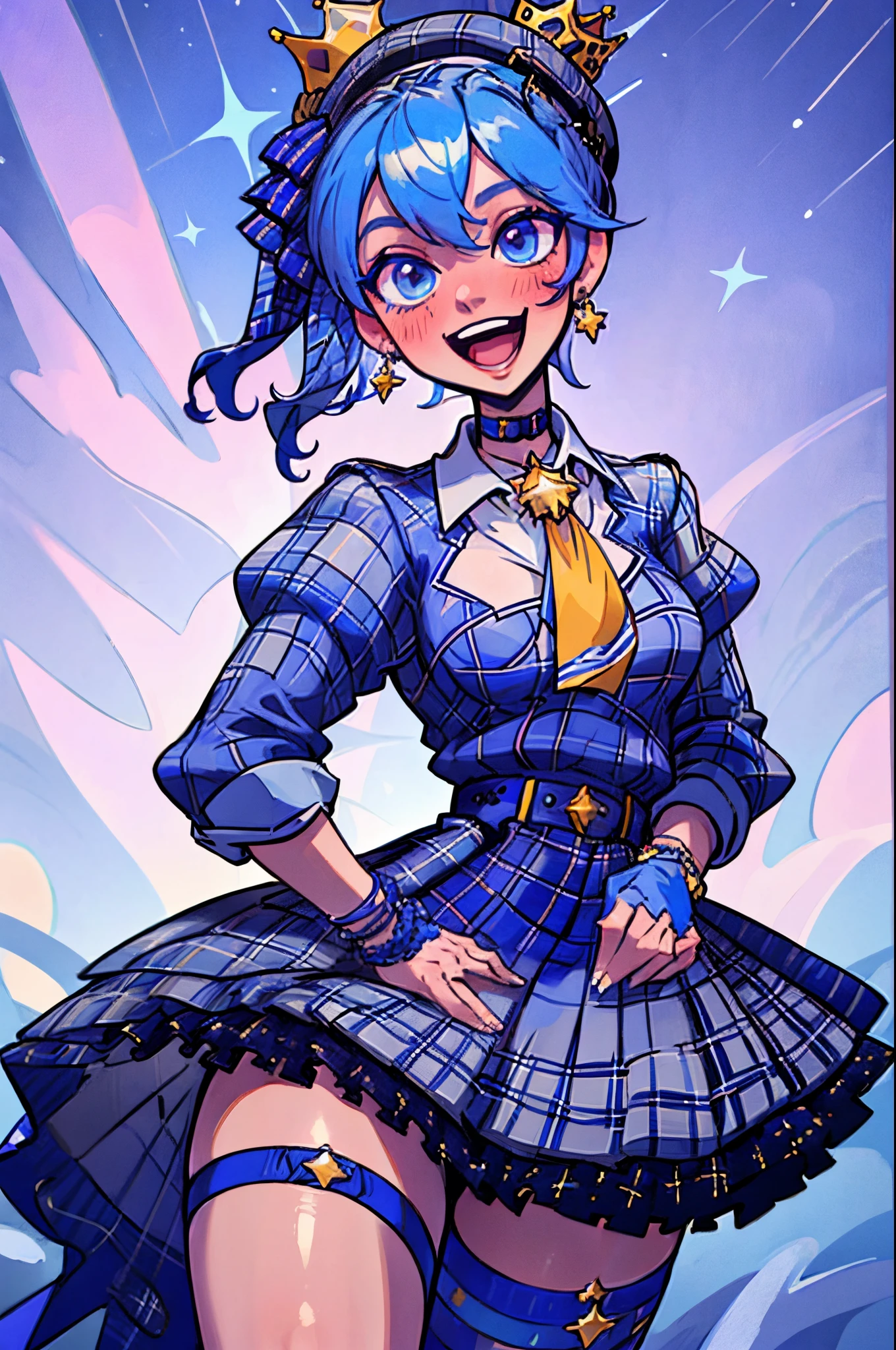 masterpiece, best quality, absurdres, perfect anatomy, SuiseiBase, plaid beret, crown, blue star choker, star earrings, blue ascot, plaid jacket, plaid skirt, layered skirt, partially fingerless gloves, star bracelet, uneven legwear, thigh strap, on stage, spotlights, hands on hips, smile, :d, blush,