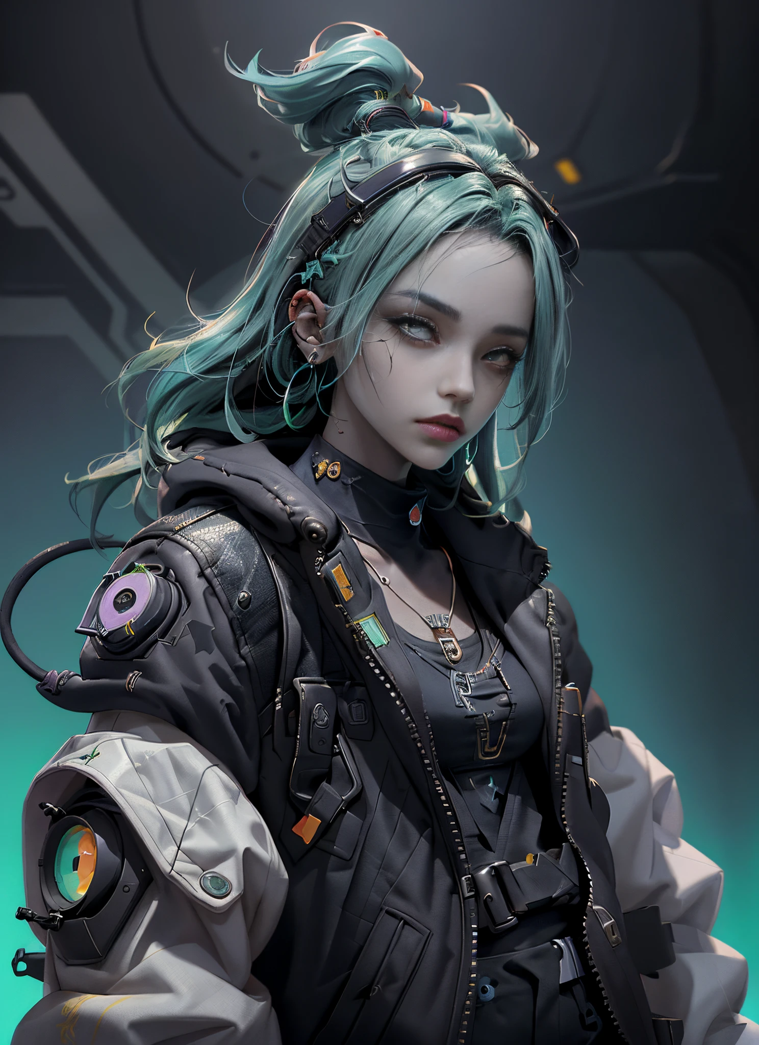 (extremamente detalhado CG unidade 8k papel de parede, master part, best quality, super detalhado), (best ilumination, melhor sombra, Extremamente refinado e bonito), floating, Dynamic angle, (1girl), (Estilo cyberpunk, Neon light), (verde: 1.3 + Purple + verde: 1.2+ azul: 0.9) Hair, (Traje Cyberpunk: 1.3), Metallic Silver Accessories, olhos brilhantes, high resolution, Arte 3D, Unreal Engine 5 Estilo, linhas claras, (mulher negra) (cabelo azul com preto) Good facial features, bons olhos, Green azel gradient eyes, Psychedelic, caos, Pinceladas, abstrair, placa de circuito impresso, conceito
