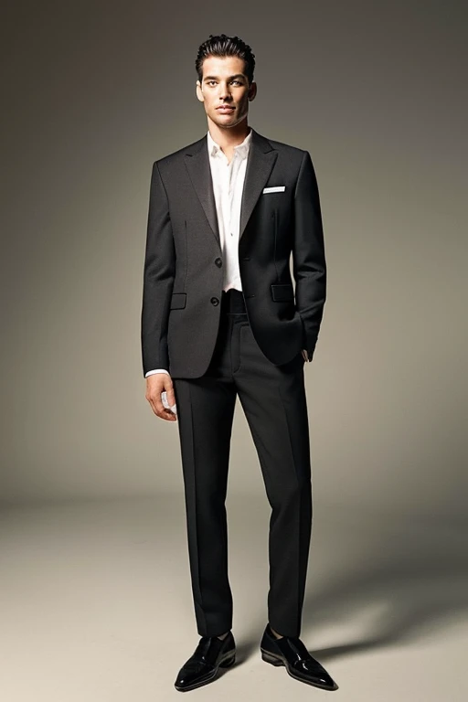 Handsome man seen from below,wears a suit,The soles of the feet are visible,Stand straight,I have my hands in my pockets