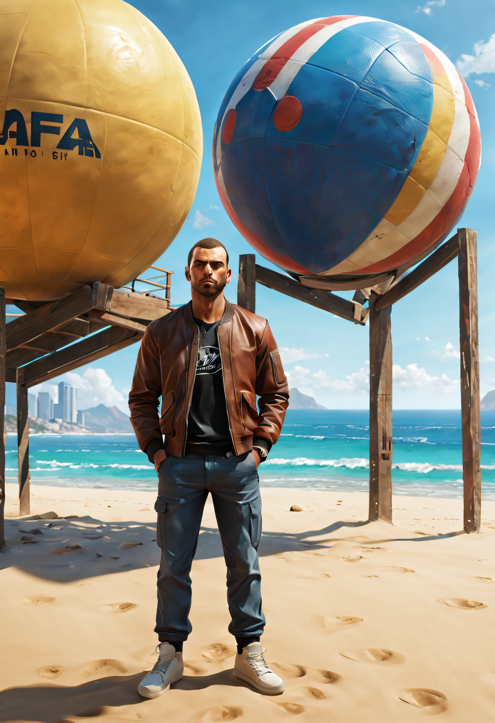 "Masterpiece in maximum 16K resolution, with a style that fuses realistic illustration and "3d render" CGI art, inspired by the wallpapers of "GTA V". | On a sunny beach, a man and E.T. play a softball, immersed in a captivating scene. The sun reflects off the golden sand, and the blue sea stretches to the horizon. | The composition highlights the game's action, capturing realistic details in the characters' facial expressions. Lens flares add dynamic lighting effects, inspired by the wallpapers of Grand Theft Auto, creating a unique atmosphere. | Elements of realistic illustration and comic art mix, bringing a graphic style inspired by graphic novels. Solarized printing and realistic impressionism techniques are incorporated, providing a unique visual aesthetic. | Using tracking Vray for photorealistic quality, this scene is transformed into an official, dynamic and action-packed piece of art. | Immersive scene with man and E.T. playing soft ball on a beach, fusing realistic illustration and "3d render" CGI art, inspired by "GTA V" wallpapers | (perfect_pose), He is adopting a ((dynamic_pose as interactions, boldly leaning on a large structure, leaning back in a dynamic way):1.3), perfect_hands, perfect_fingers, perfect_legs, better_hands, ((full_body)), More_Detail".