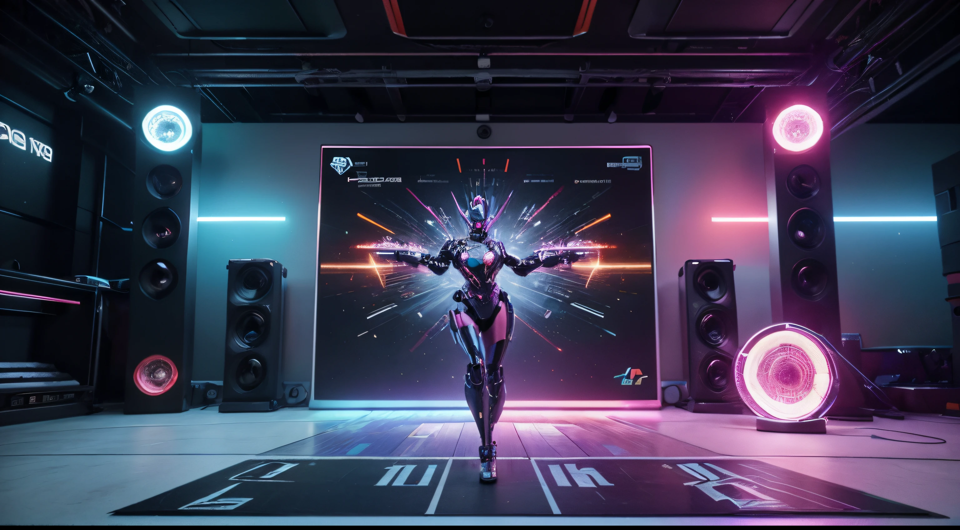 scene:virtual creative studio,Design tools and colorful creative elements dance across the screen in digital future world( only robot designer)more action (movie stye)more wide angle, move effect, more designer working place, background screen more wide, more design tool show up