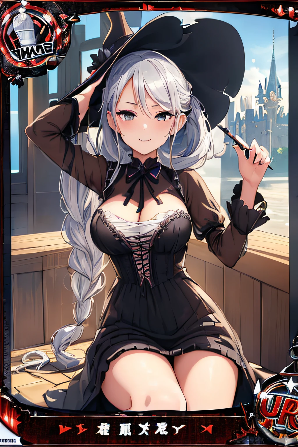 ( Trading Card Game Frames:1.7),(3D anime fantasy art:1.3),(Portrait of a witch with a magic wand:1.3),(Cinderella's Castle in the background:1.3),(((victorian gothic dress:1.3))),(((Black Witch'large hat:1.3))),Cute and beautiful girl,Cute round face,Cute smile,with blush cheeks,Red Lip,(silver white hair,Floral braided headband,half up、Floral Braided Space Van,Voluminous Fishtail Braids,Twisted chignon,),(Bangs are see-through bangs),hair pin,hair adornments,detailed clothes features,Detailed hair features,detailed facial features,(Dynamic angles),(Dynamic and sexy poses),Cinematic Light,(masutepiece,top-quality,Ultra-high resolution output image,depth of fields,intricate detailes,Make the subject look three-dimensional with the contrast of light and shadow,) ,(The 8k quality,Anatomically accurate facial structure,),(Sea Art 2 Mode:1.3),(Image Mode Ultra HD,)