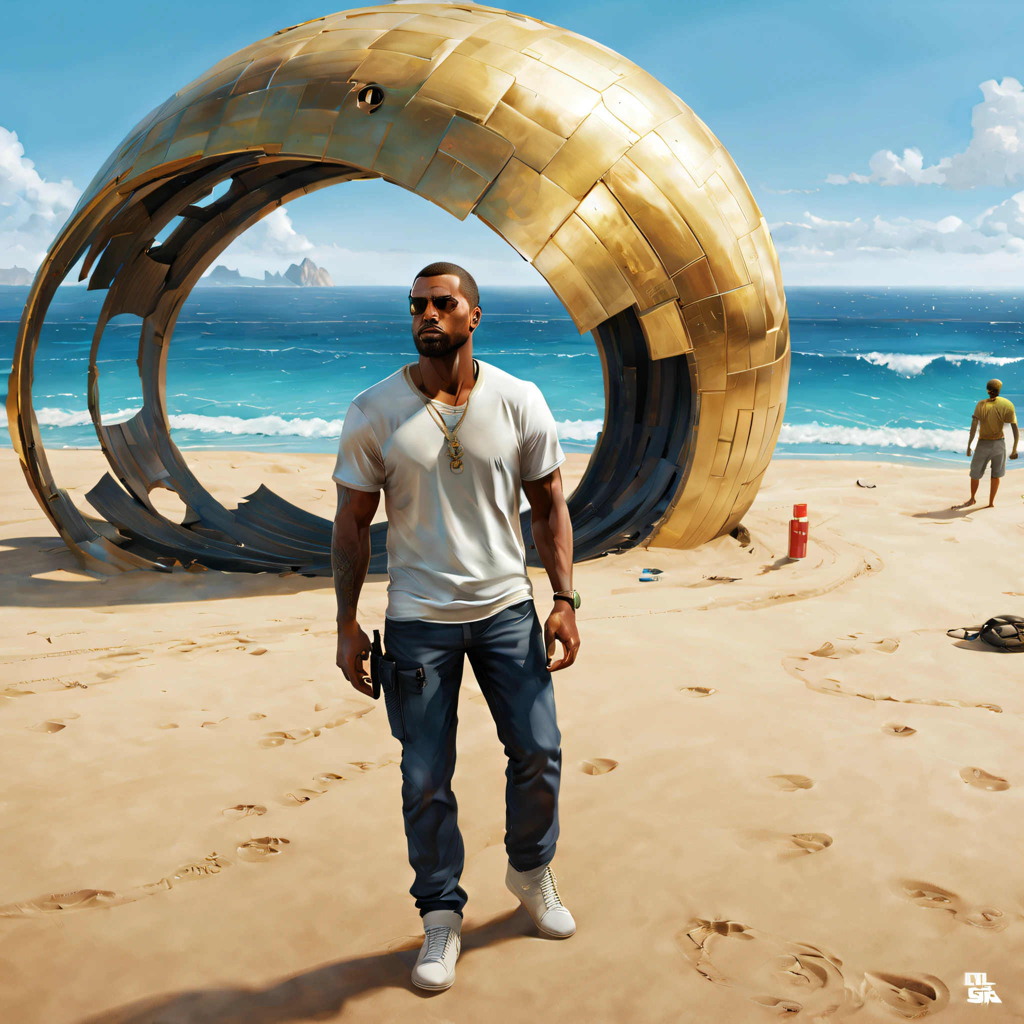 "Masterpiece in maximum 16K resolution, with a style that fuses realistic illustration and "3d render" CGI art, inspired by the wallpapers of "GTA V". | On a sunny beach, a man and E.T. play a softball, immersed in a captivating scene. The sun reflects off the golden sand, and the blue sea stretches to the horizon. | The composition highlights the game's action, capturing realistic details in the characters' facial expressions. Lens flares add dynamic lighting effects, inspired by the wallpapers of Grand Theft Auto, creating a unique atmosphere. | Elements of realistic illustration and comic art mix, bringing a graphic style inspired by graphic novels. Solarized printing and realistic impressionism techniques are incorporated, providing a unique visual aesthetic. | Using tracking Vray for photorealistic quality, this scene is transformed into an official, dynamic and action-packed piece of art. | Immersive scene with man and E.T. playing soft ball on a beach, fusing realistic illustration and "3d render" CGI art, inspired by "GTA V" wallpapers | (perfect_pose), He is adopting a ((dynamic_pose as interactions, boldly leaning on a large structure, leaning back in a dynamic way):1.3), perfect_hands, perfect_fingers, perfect_legs, better_hands, ((full_body)), More_Detail".