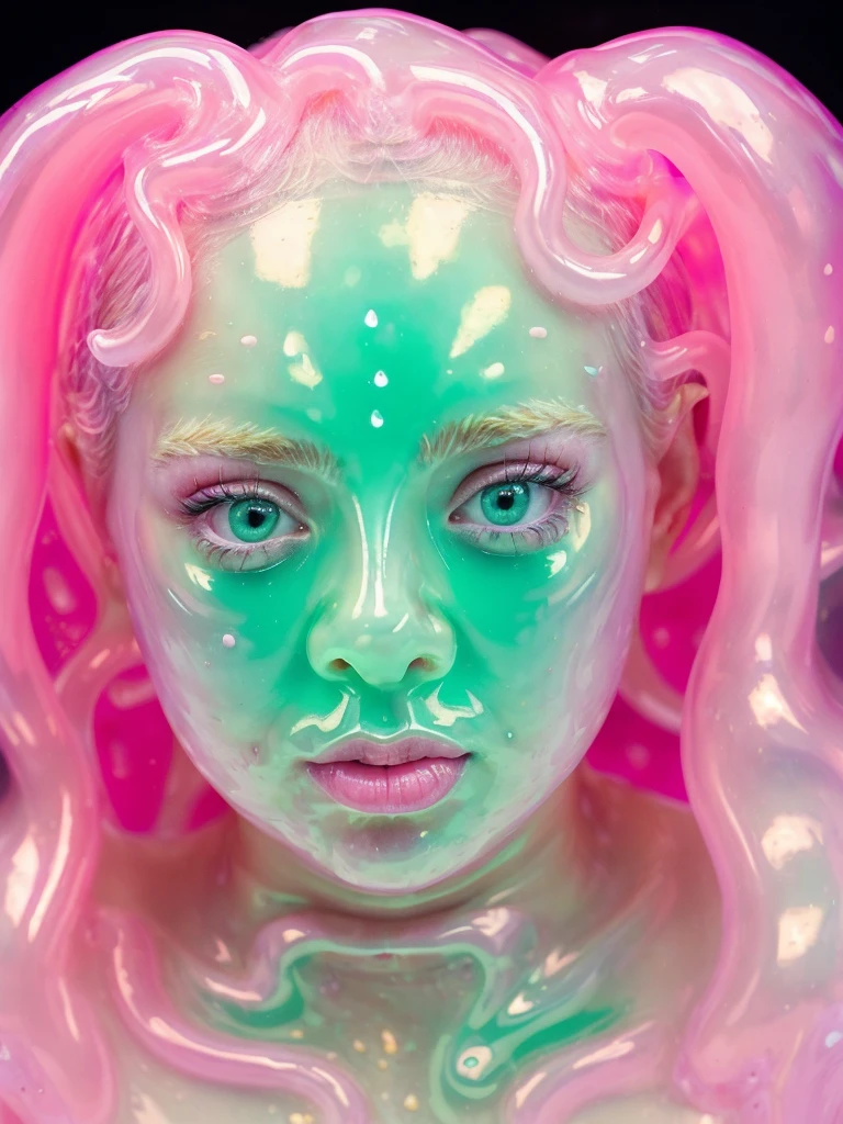 1girl, slime girl, (translucent body:1.2), (translucent slime skin:1.5), (slime body), (slimy liquid covering body), body melting into liquid, (masterpiece), cinematic rendering, sharp focus, (looking at viewer), (pink slime), , neon lights, iconic pose, very dark, low key, detailed facial features, pink fog, vibrant colours, slime background, 35mm)