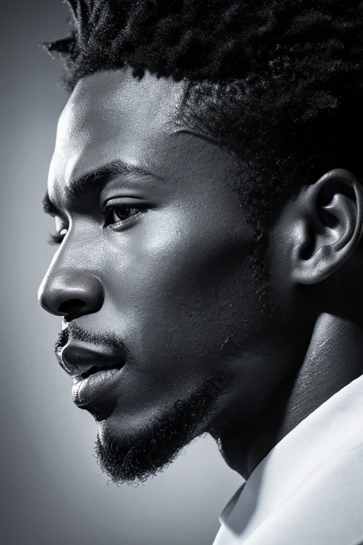 black man singing,Close-up profile portrait,black-and-white,closing eye