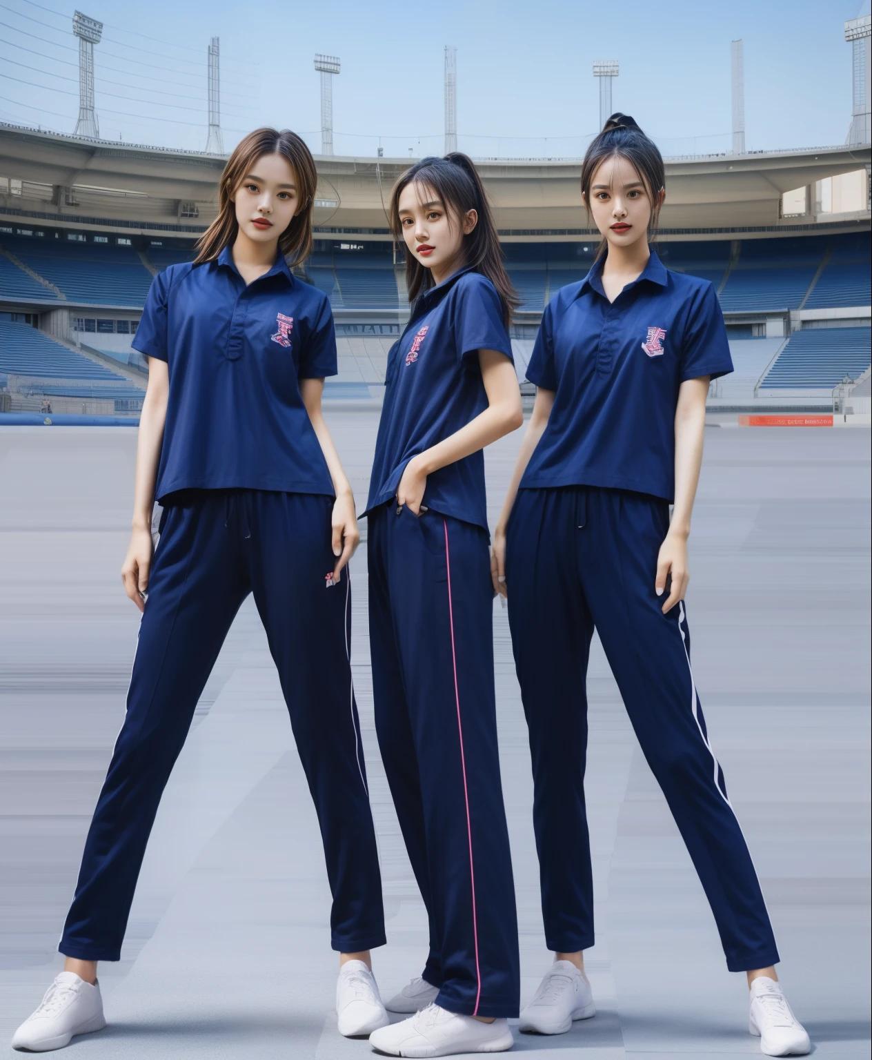 (bestquality,10,10,highres,masterpiece:1.2),ultra-detail,(Realistic,photorealistic portrait,photo-realistic:1.37),1 Cute girl in the football field,oily shiny skin,bara,light smile,BDclothes,((blue shirt:1.3)),short sleeves,shirt, trousers.,(navy_long_Pants Track:1.1), ((Stadium Background:1.3)),dynamic angle,excited,face focus,Dynamic Poses,from behide,Ass Focus,masterpiece, bestquality, ultra realistic, hyper-detail, 8k resolution, RAW photo, crisp focus, ((Navy blue shirt:1.1)), short sleeves, Long Path, Perfect body, 2 mature women, 18yo, cinematic light,Blue sweatpants,Gymware,Correct anatomy,Complete body, Correct body, sharp face, Anatomically correct body, full entire body, Realistic gestures, long-haired, Realistic poses,Wear long shorts...............................,Long leg span,Shapely,Sculpting Girl, Slender Figure, mannequin mannequins, Shapely, Beautiful body,Blue sweatpants, Two girls kissing