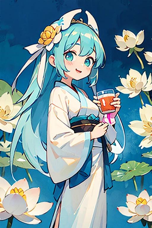 full bodyesbian, Best quality at best, 1个Giant Breast Girl, whaite hair,Cyan eyes, ssmile, White long Hanfu,Holding white lotus in hand,A cup,Front view