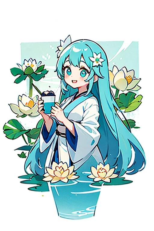 full bodyesbian, Best quality at best, 1个Giant Breast Girl, whaite hair,Cyan eyes, ssmile, White long Hanfu,Holding white lotus in hand,A cup,Front view